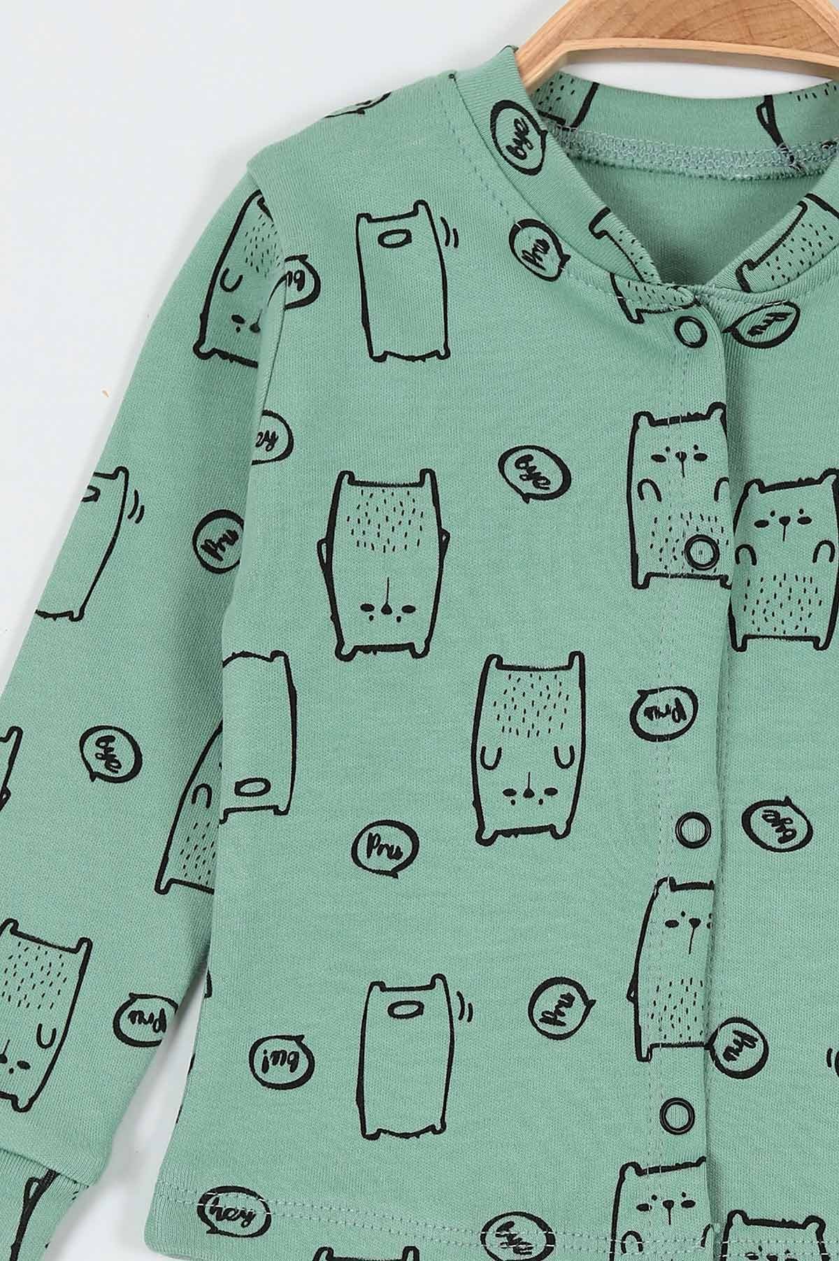 Su Yeşili (6-12 Ay) Kedi Baskılı Önü Çıtçıtlı Erkek Bebe Pijama Takım 196988
