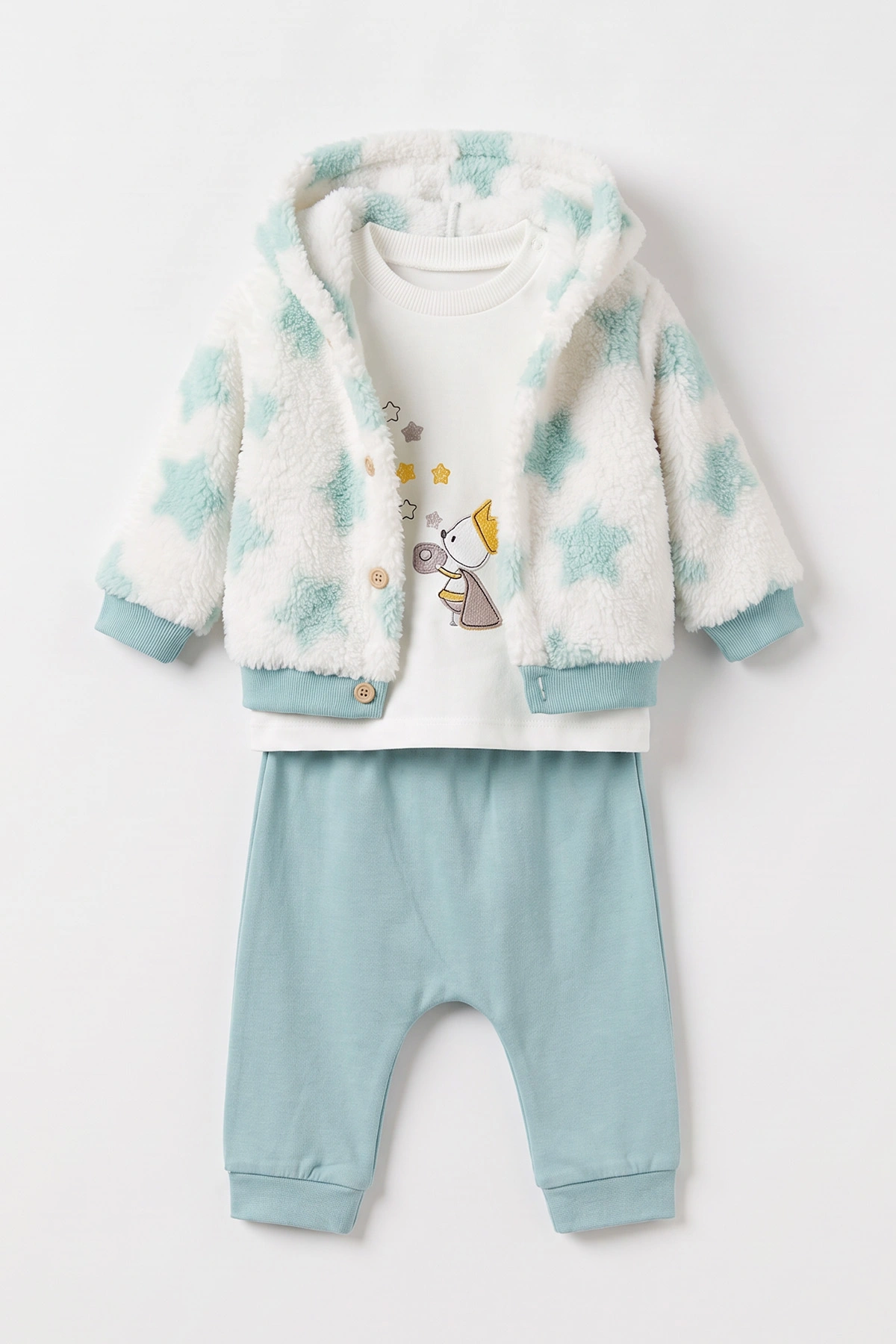 Su Yeşili (6-12 Ay) Nakışlı Pelüş Ceketli Pantolon Sweatshirt 3'lü Kız Bebek Takım 495567
