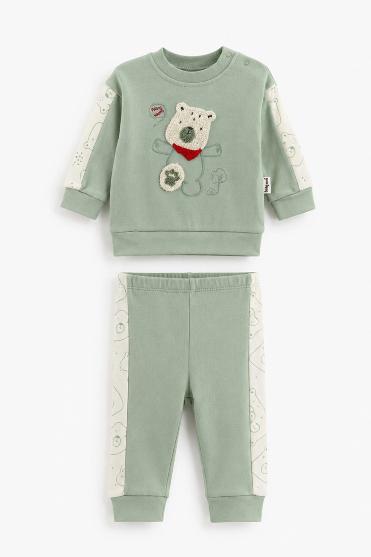 Su Yeşili (6-12 Ay)Süzene Ayıcık Nakışlı Çıtçıtlı Erkek Bebek Takım 476485