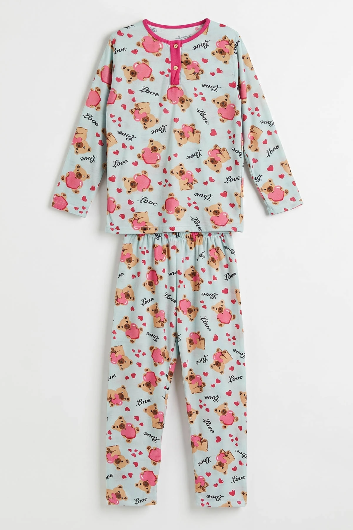 Su Yeşili (6-14 Yaş) Desenli Yakadan Yarım Düğmeli  Süprem Kumaş Kız Çocuk Pijama Takımı 487219