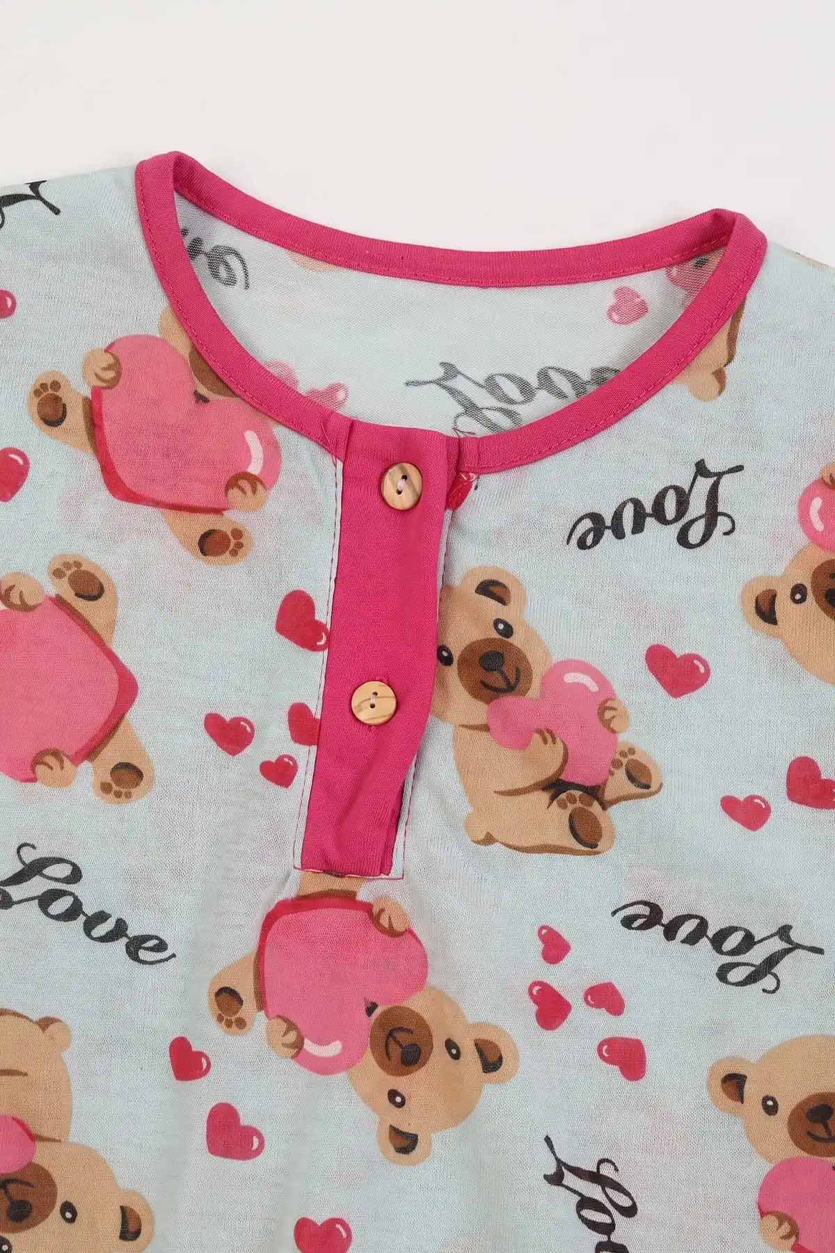 Su Yeşili (6-14 Yaş) Desenli Yakadan Yarım Düğmeli  Süprem Kumaş Kız Çocuk Pijama Takımı 487219