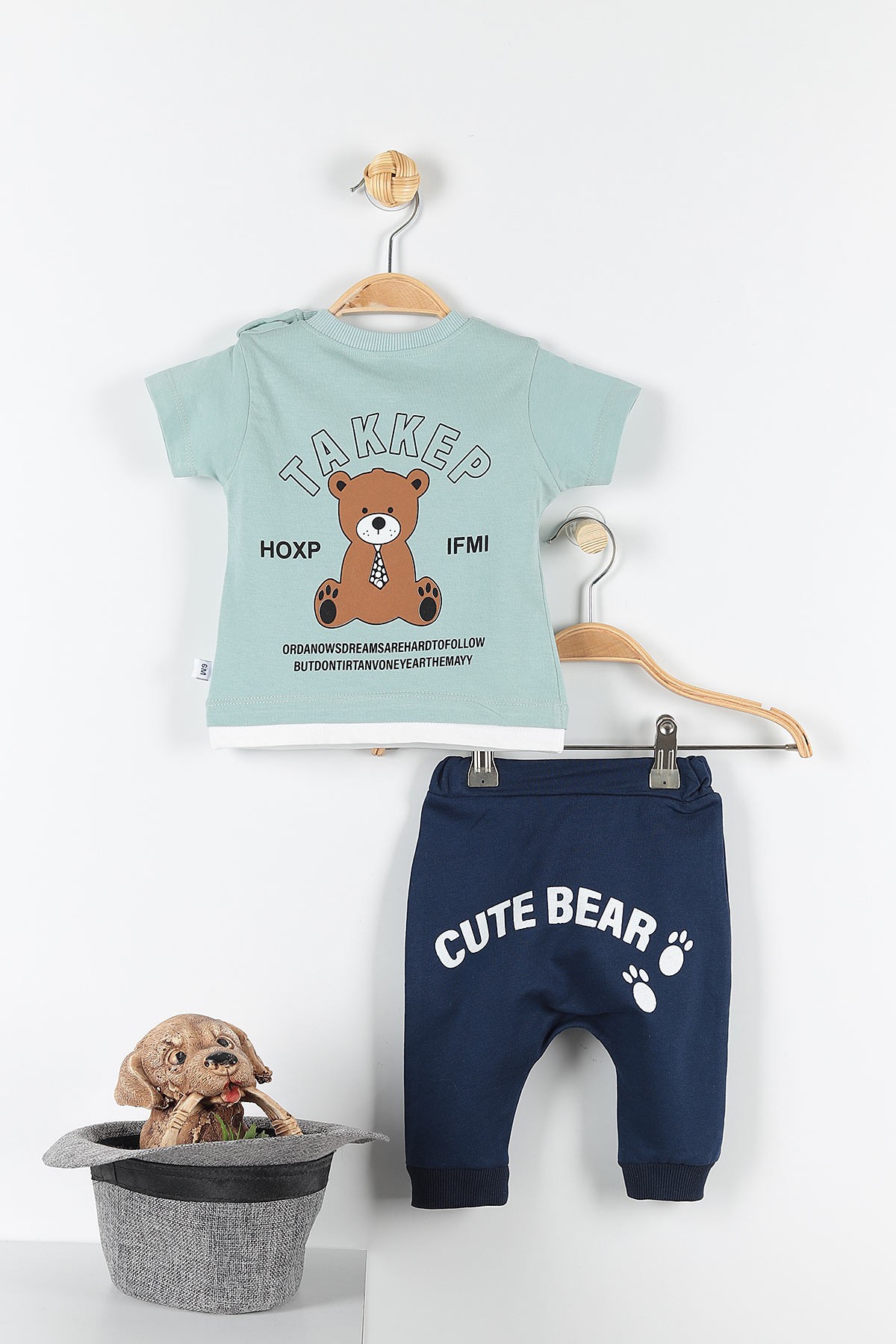 Su Yeşili (6-24 Ay) Cute Bear Ayı Baskılı Çıtçıt Detaylı Erkek Çocuk Takım 171413