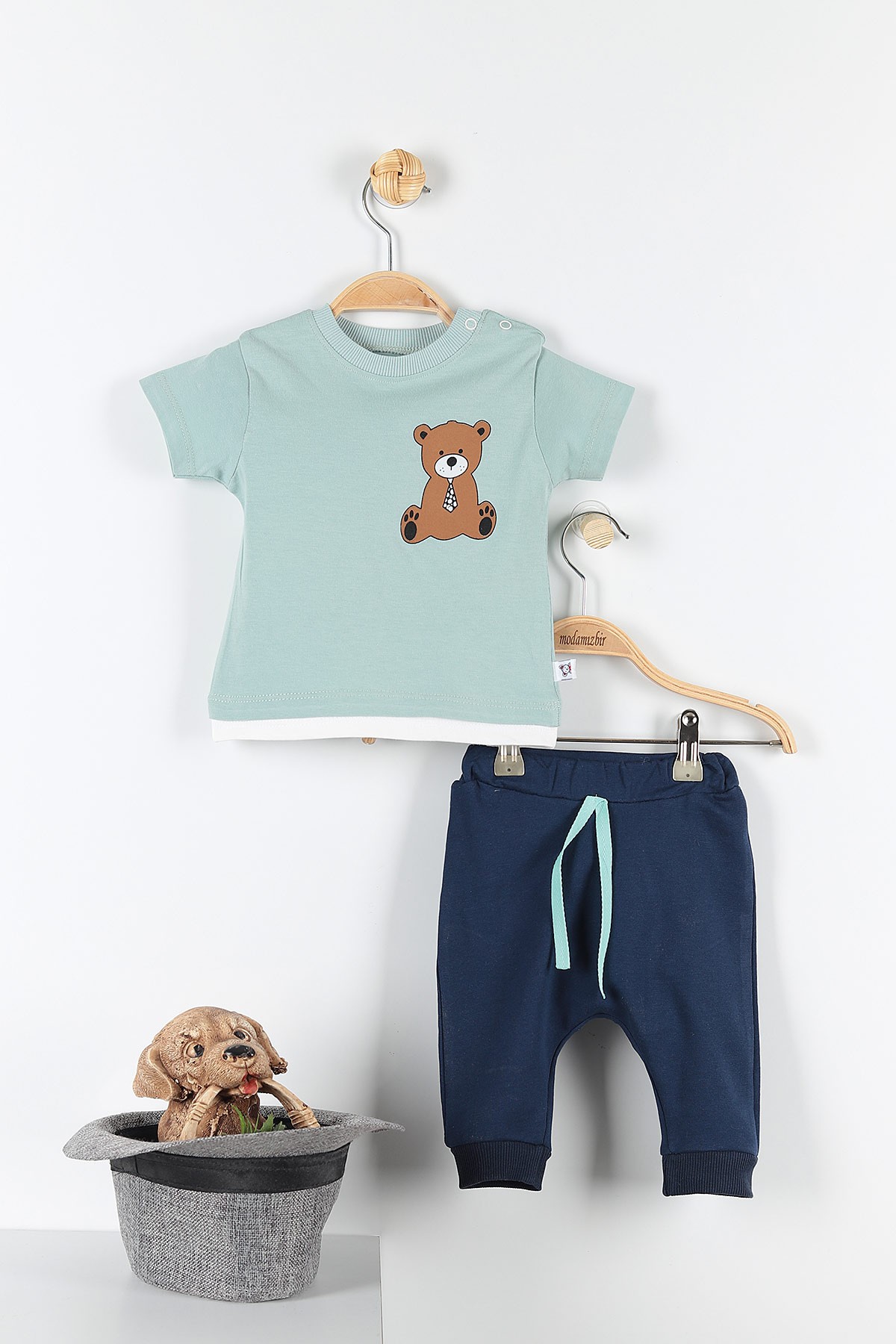 Su Yeşili (6-24 Ay) Cute Bear Ayı Baskılı Çıtçıt Detaylı Erkek Çocuk Takım 171413