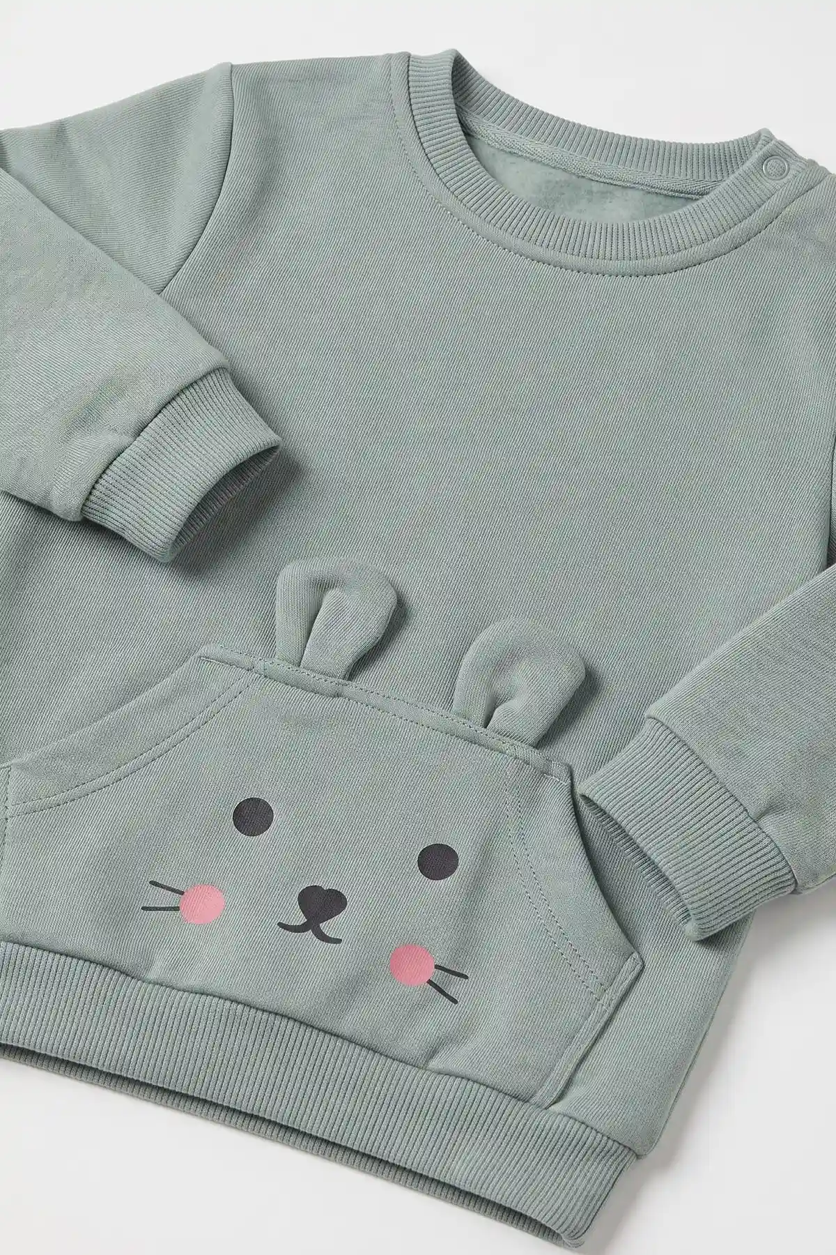 Su Yeşili (6-24 Ay) Kedi Desenli Kulaklı  Penye Kız Bebek Takım 485397