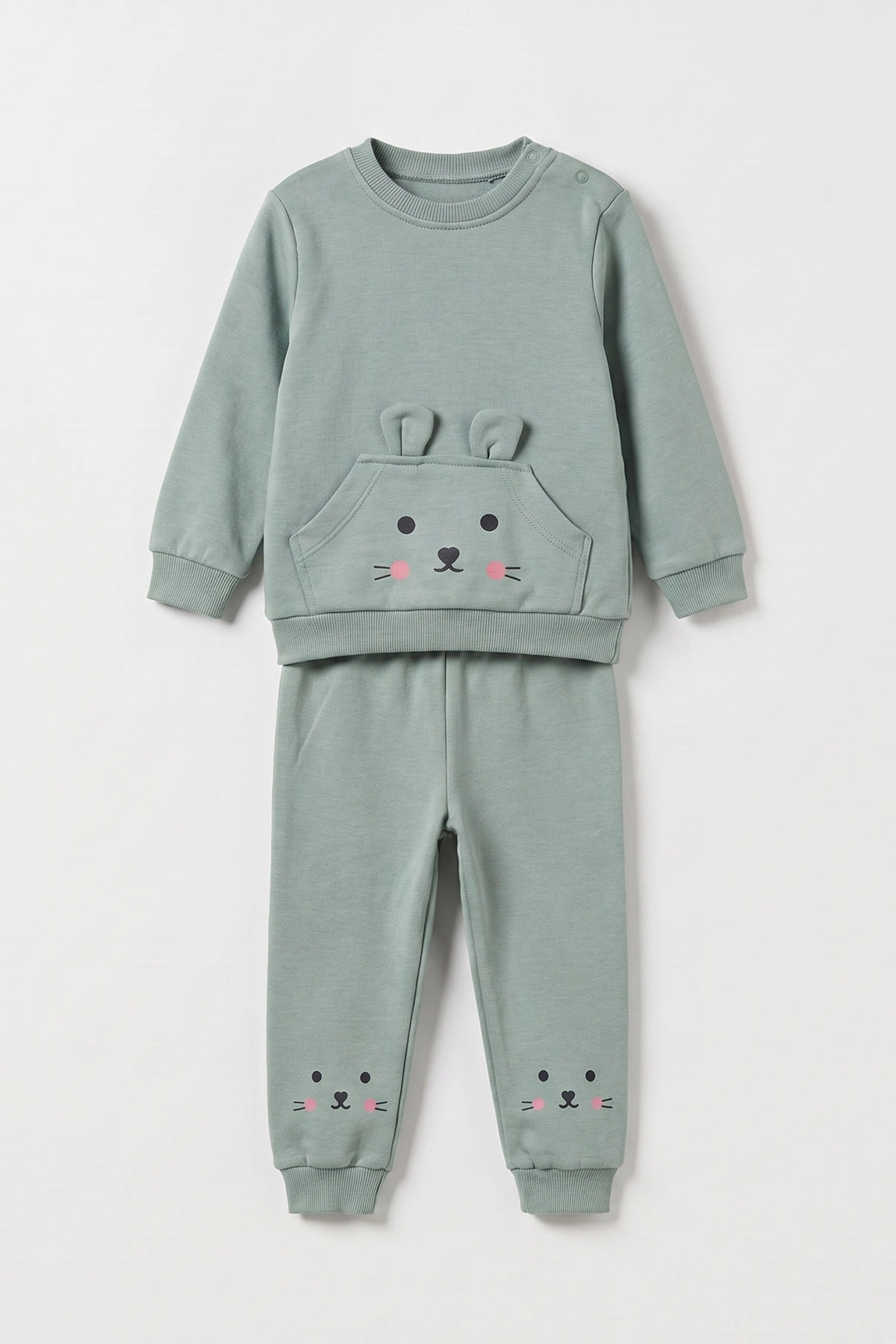 Su Yeşili (6-24 Ay) Kedi Desenli Kulaklı  Penye Kız Bebek Takım 485397