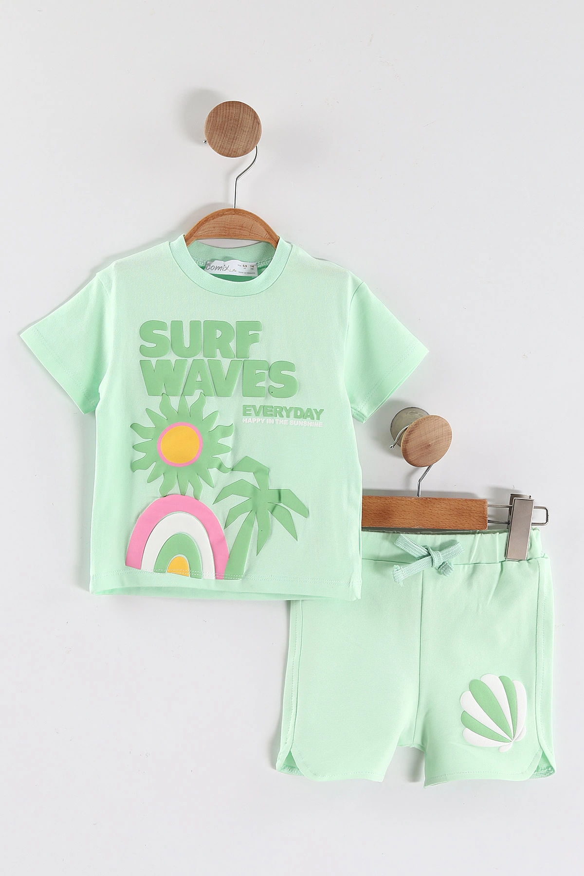 Su Yeşili (6-24 Ay)  Surf Waves Kabartma Baskılı Tişörtlü  Şortlu Kız Bebek Yazlık Takım 440302