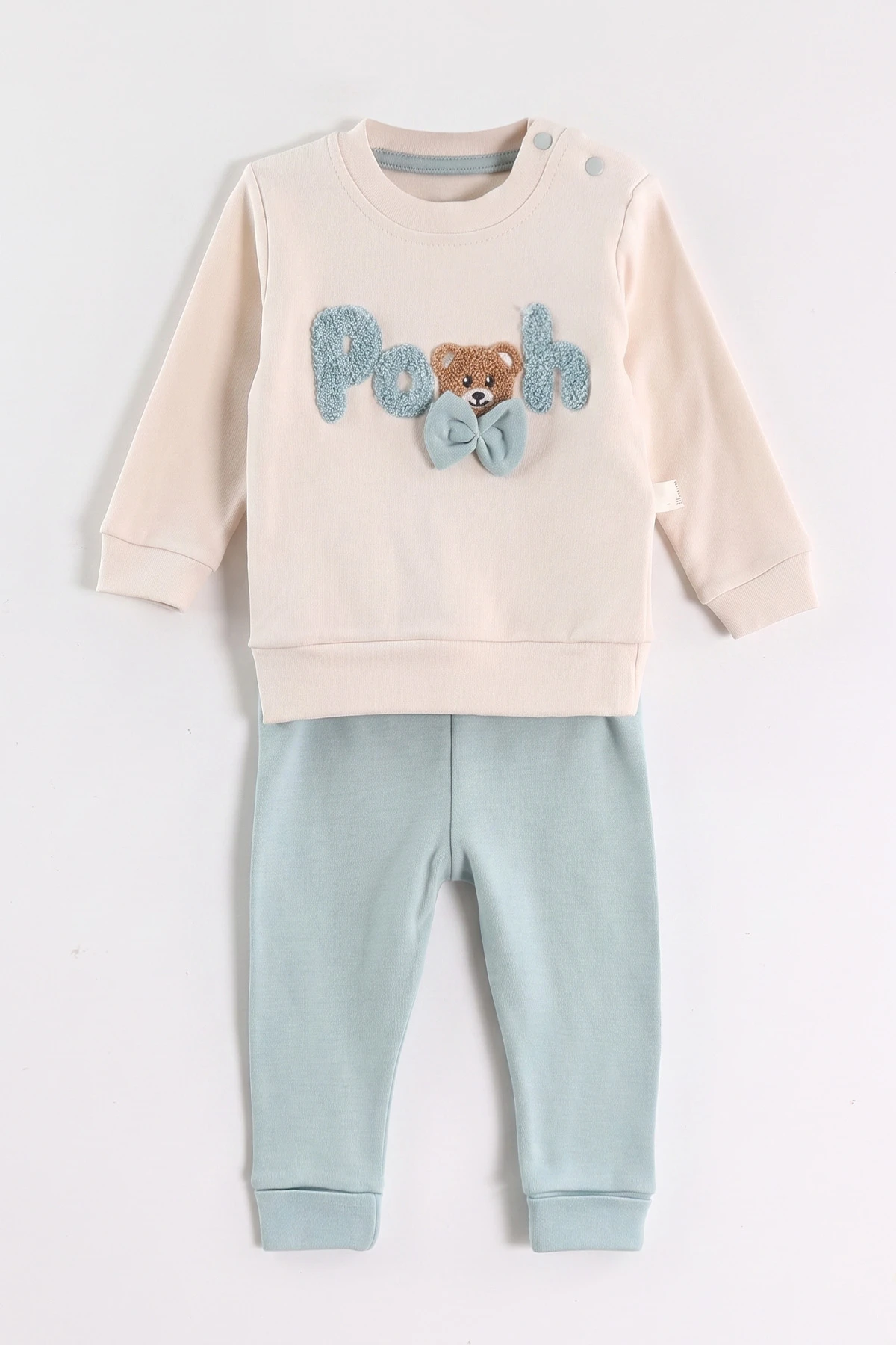Su Yeşili (6-24 Ay) Süzene Pooh Nakışlı Papyonlu Erkek Bebek 2'li Takım 472845
