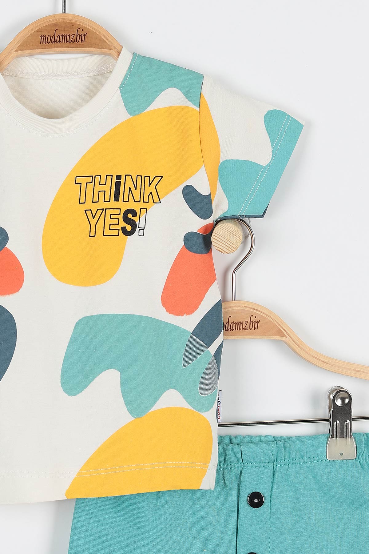 Su Yeşili (6-24 Ay) Think Yes Baskılı Düğmeli Şortlu Erkek Bebe Takım 173487