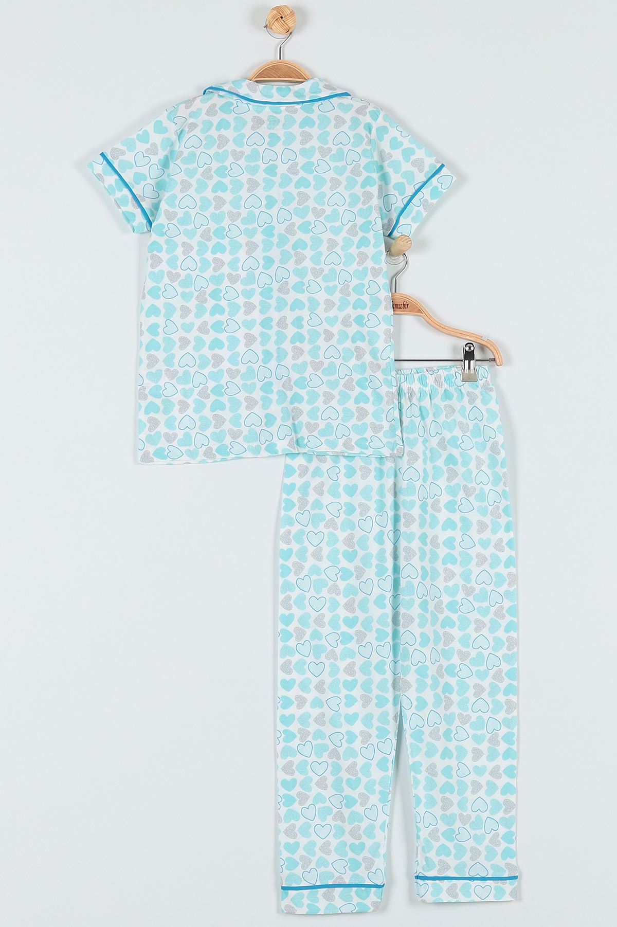 Su Yeşili (7-9 Yaş) Kalp Baskılı KIz Çocuk Pijama Takımı 182028