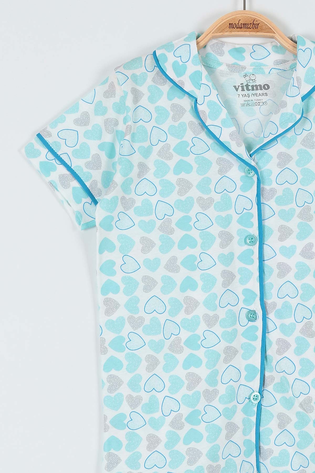 Su Yeşili (7-9 Yaş) Kalp Baskılı KIz Çocuk Pijama Takımı 182028