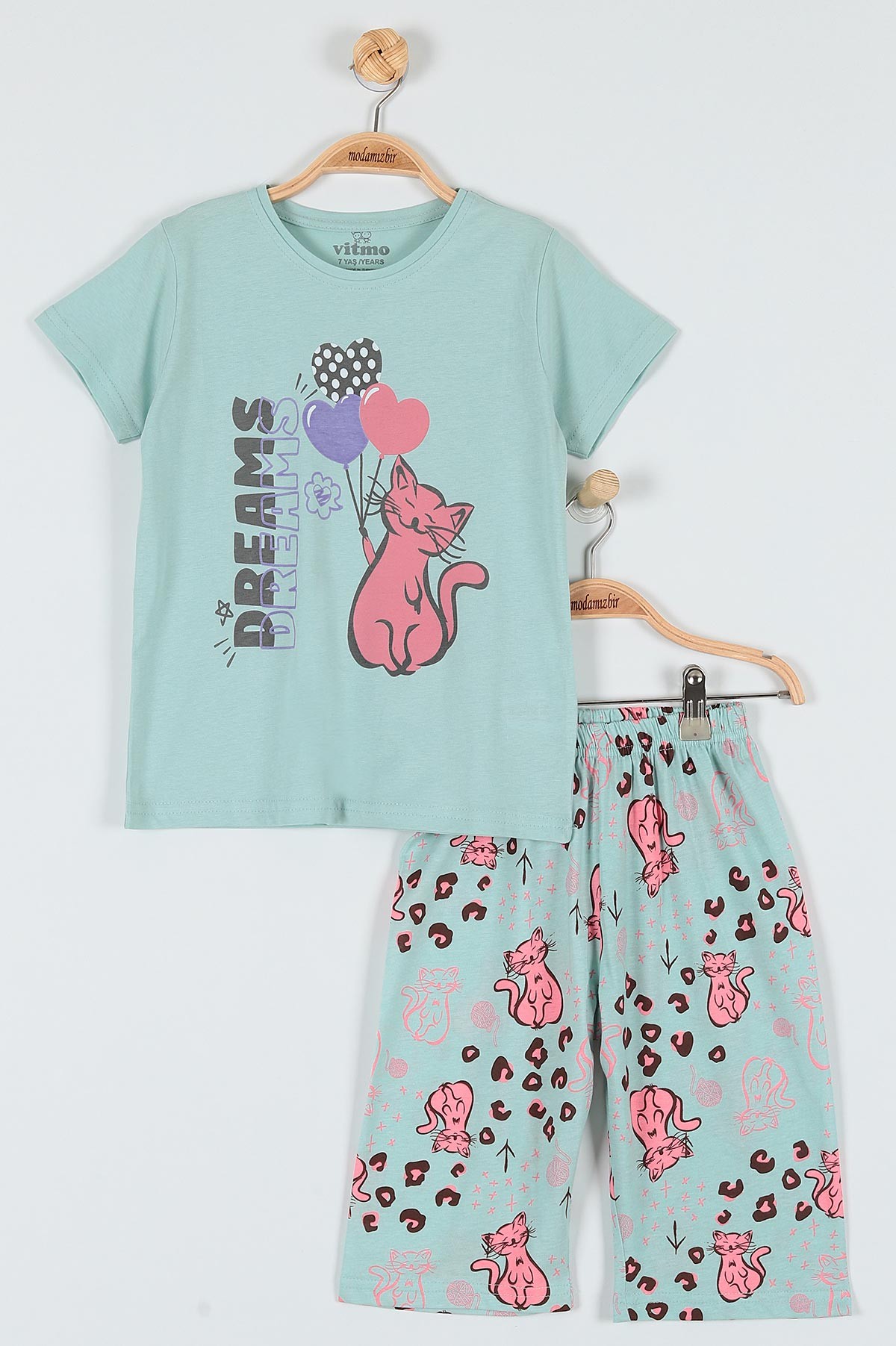 Su Yeşili (7-9 Yaş) Kedi Balonlu Baskılı Kaprili KIz Çocuk Pijama Takımı 182014