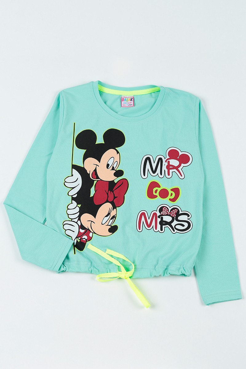 Su Yeşili (9-12 Yaş) Mickey Mouse Baskılı Belden Sıkmalı Kız Çocuk Sweatshirt 92785