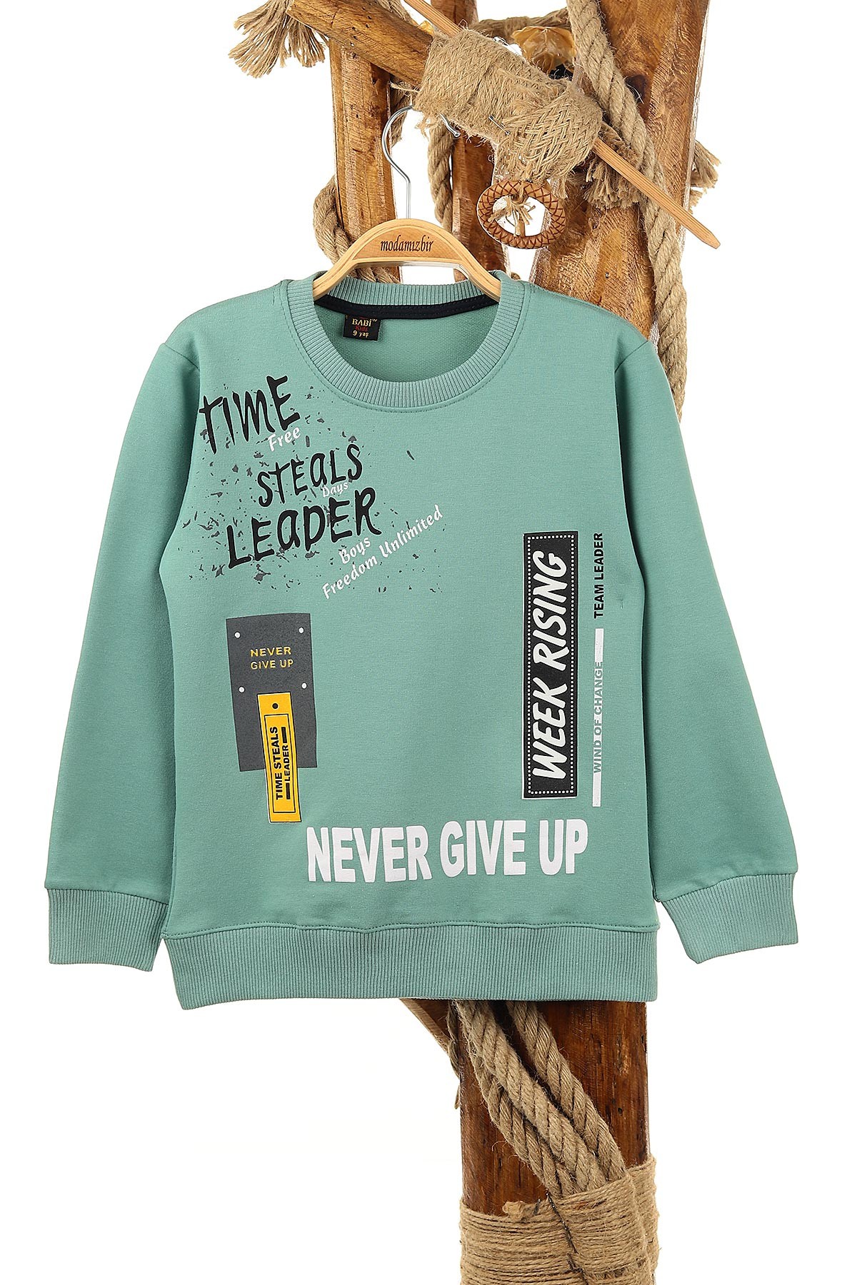 Su Yeşili (9-12 Yaş) Never Gıve Up Baskılı Erkek Çocuk Sweat 150920