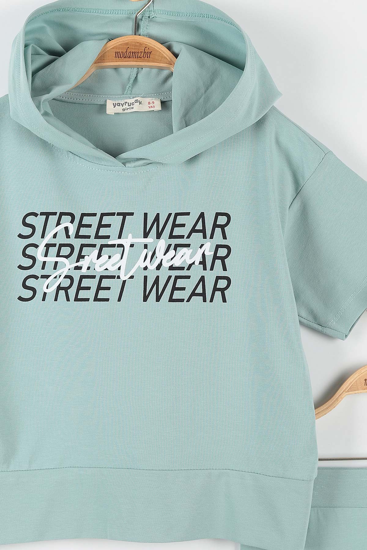 Su Yeşili (9-12 Yaş) Street Wear Baskılı Kapüşon Detaylı Kız Çocuk Takım 176956