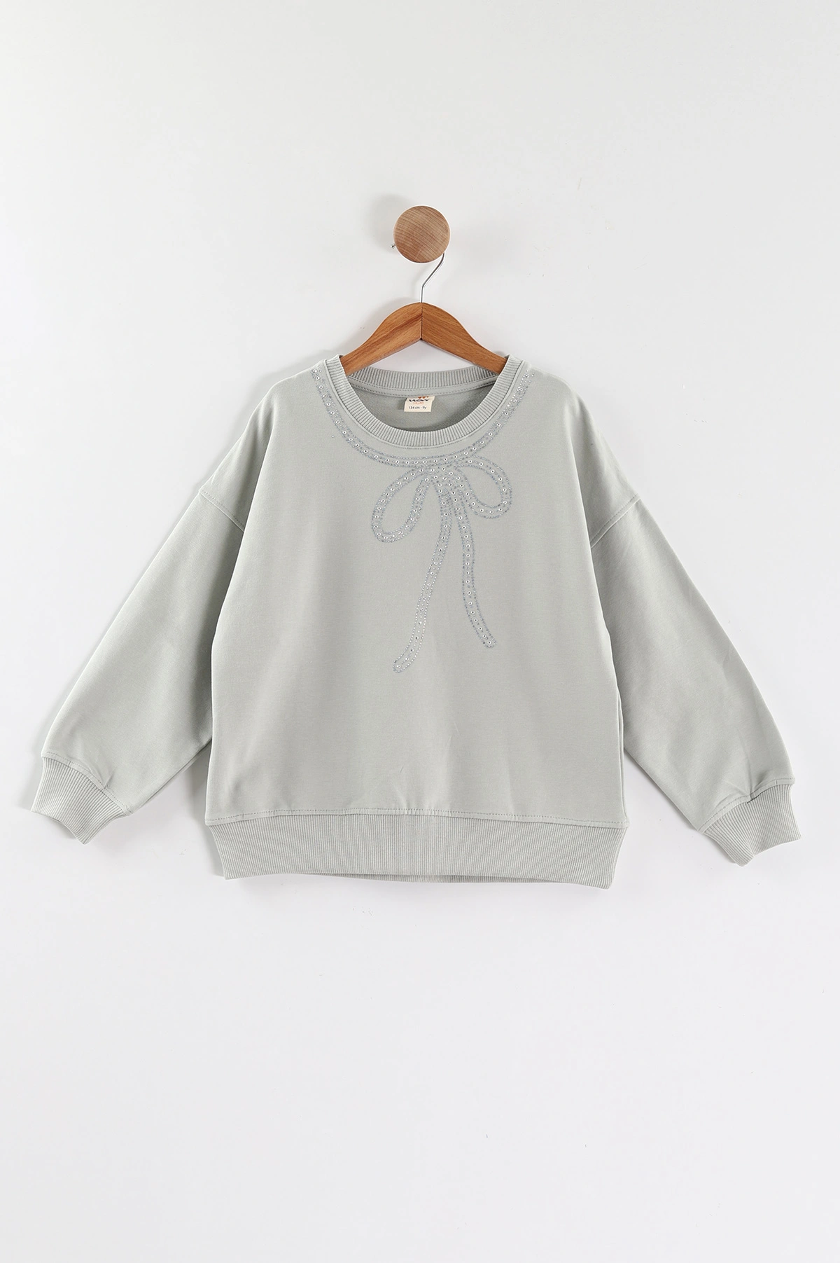 Su Yeşili (9-12 Yaş)Taşlı Fiyonklu Kız Çocuk Sweatshirt 432863