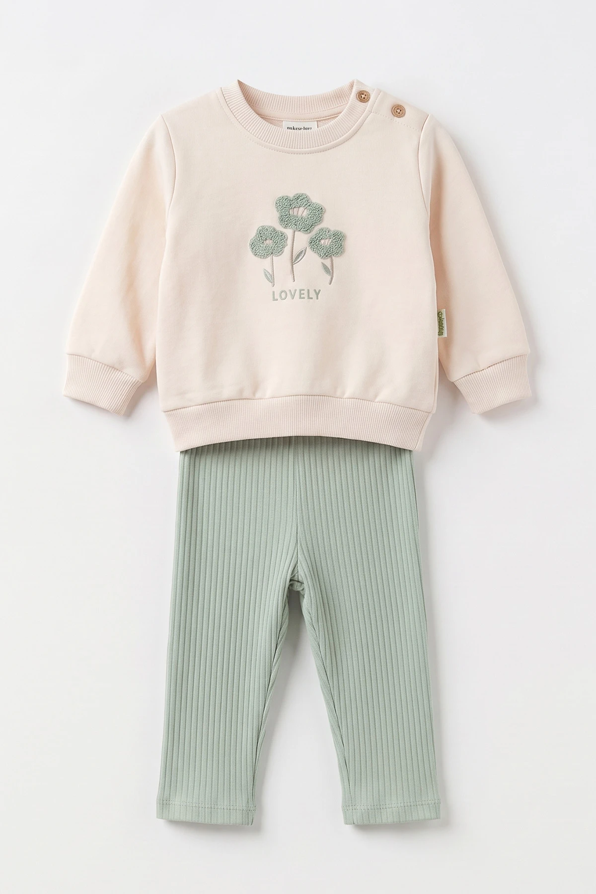 Su Yeşili (9-24 Ay) Süzene Nakışlı Swetshirt İnterlok Alt Kız Bebek Takım 495702