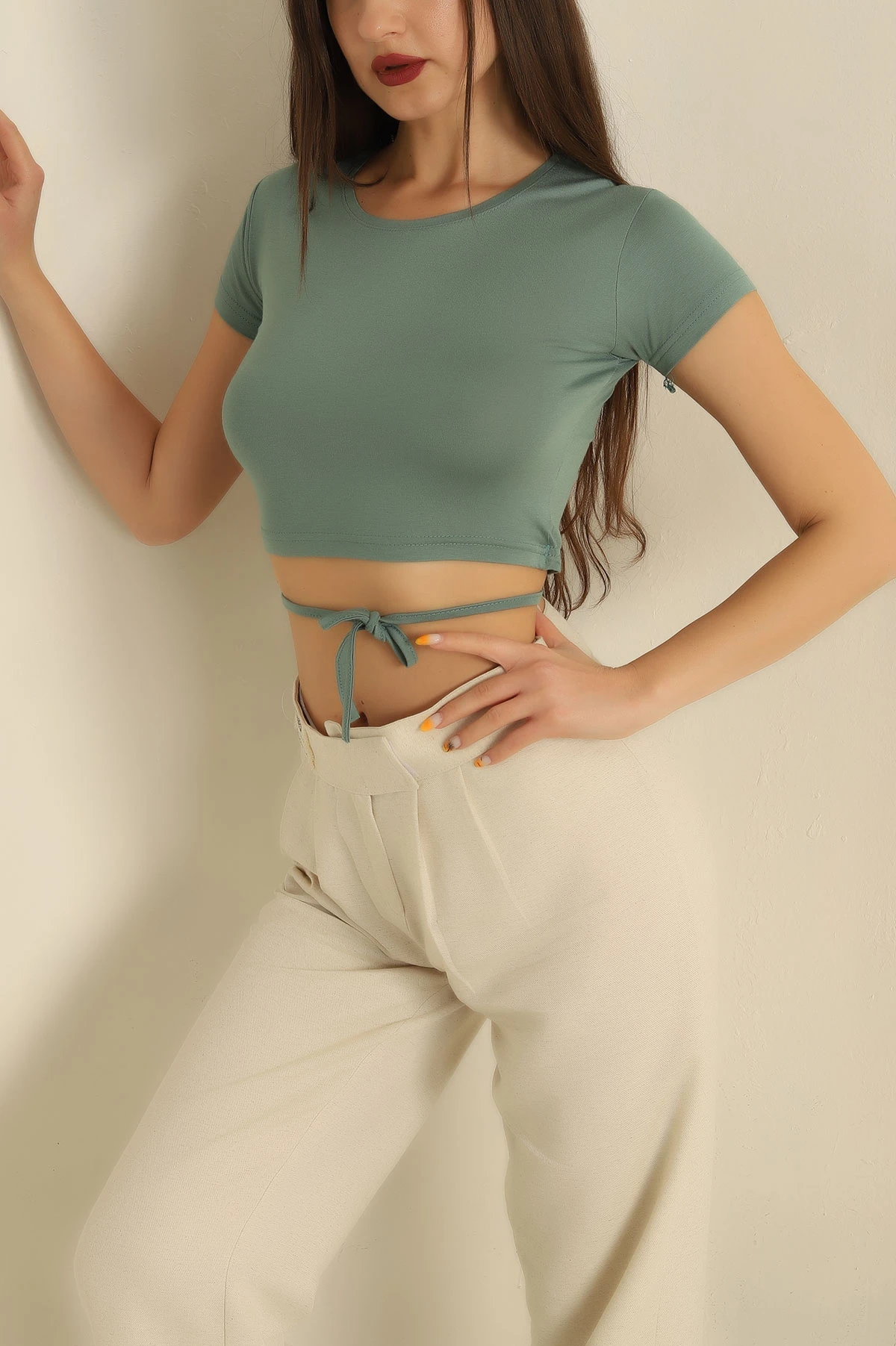 Su Yeşili Bağlamalı Crop Bluz 268979