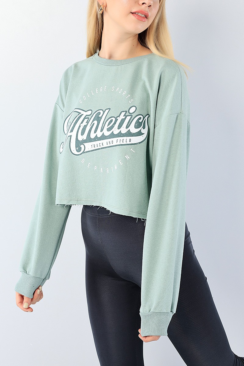 Su Yeşili Baskılı Bayan Crop Sweat 75529