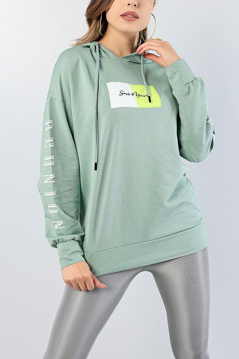 Su Yeşili Baskılı Bayan Kapüşonlu Sweat 81211