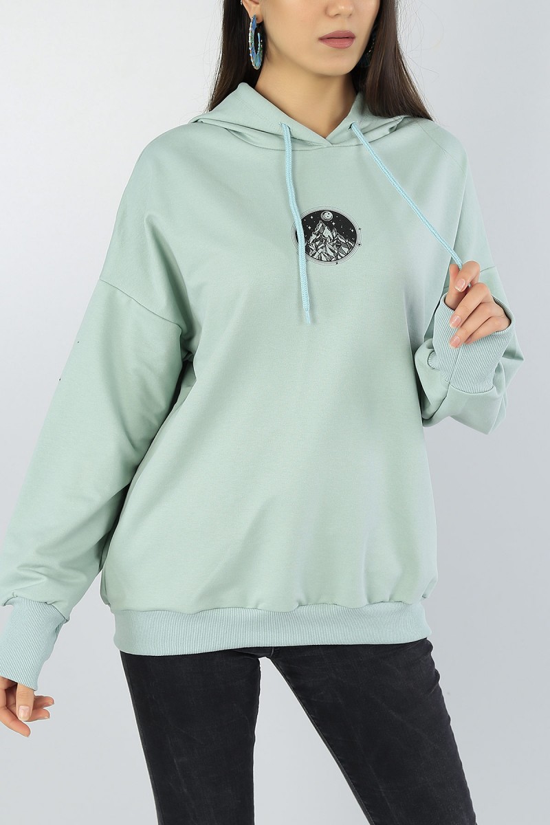 Su Yeşili Baskılı Kapüşonlu Bayan Sweat 47131