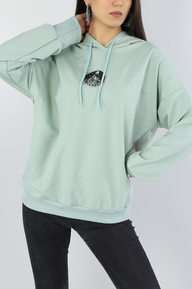 Su Yeşili Baskılı Kapüşonlu Bayan Sweat 47131