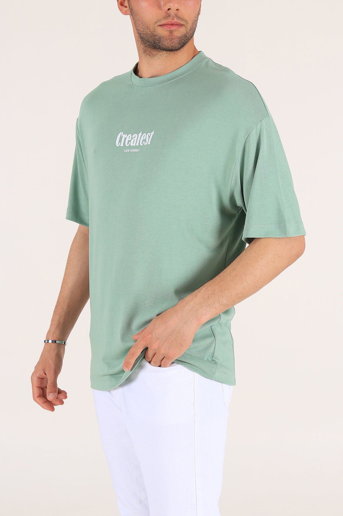 Su Yeşili Baskılı Oversize Erkek Tişört 177460