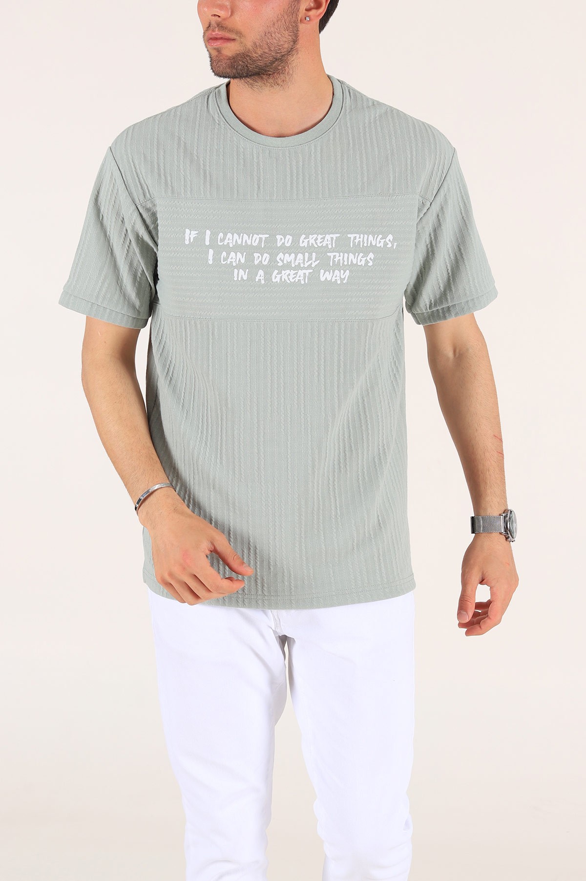 Su Yeşili Baskılı Oversize Erkek Tişört 177522