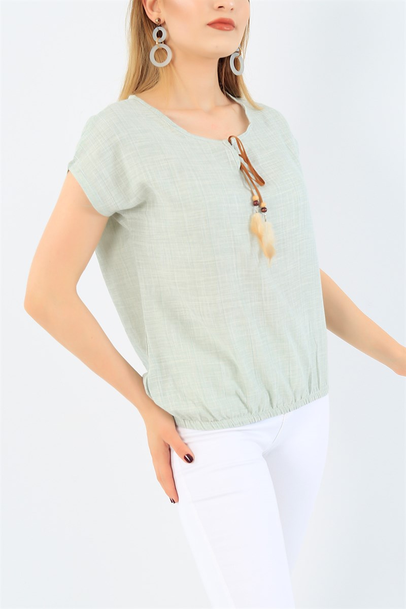 Su Yeşili Beli Lastikli Keten Bluz 36856
