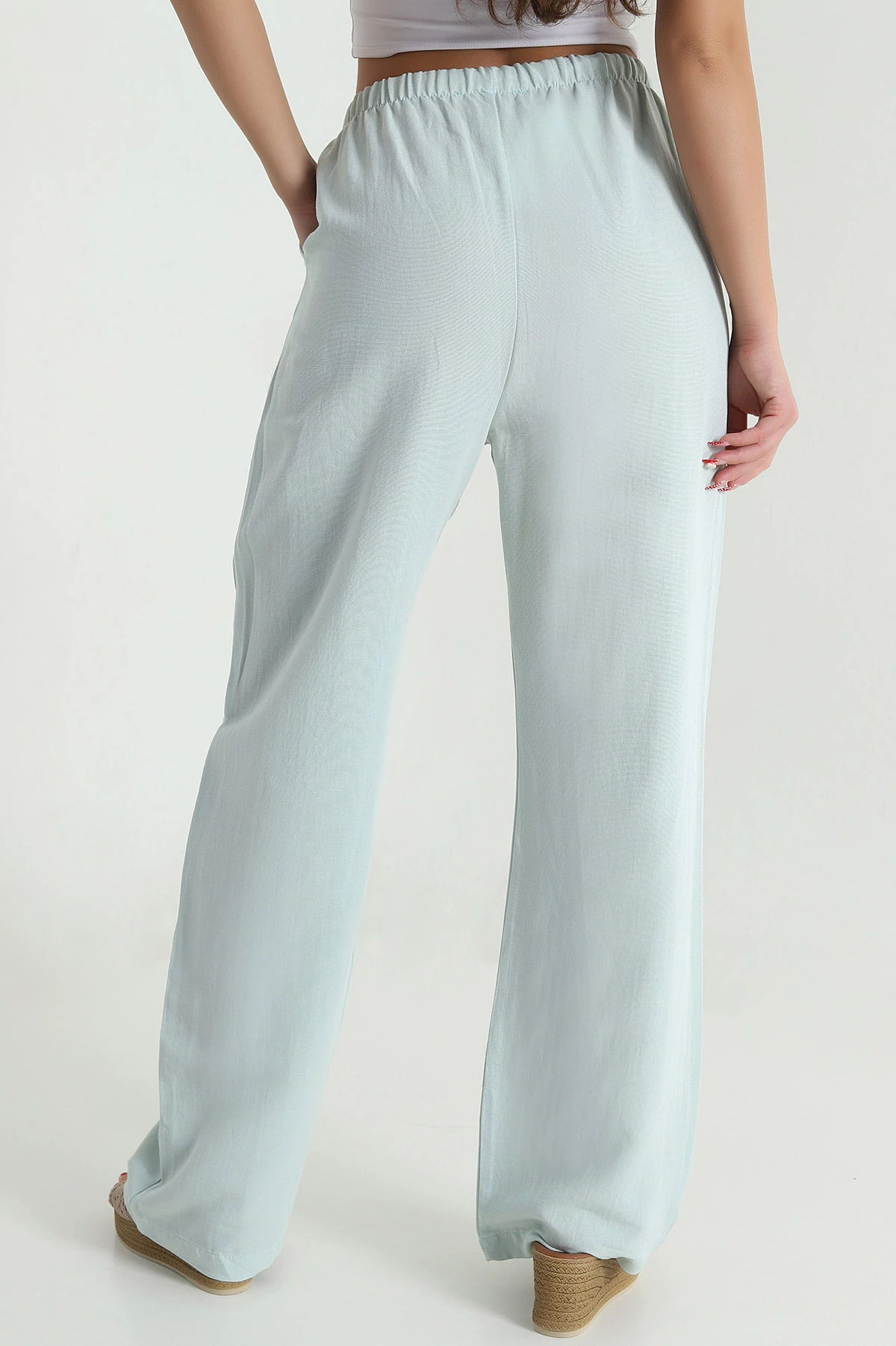 Su Yeşili Beli Lastikli Palazzo Kadın Keten Pantolon 478620