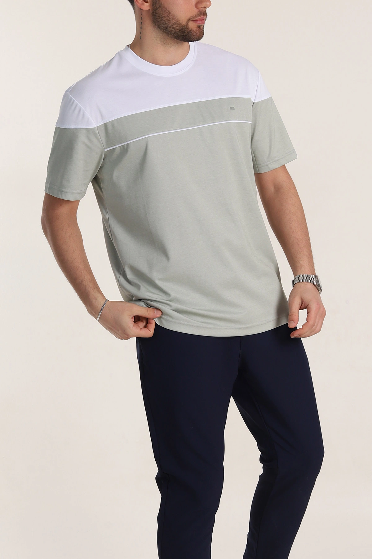 Su Yeşili Beyaz Çift Renk Regular Fit Jakarlı Erkek Tişört 346245