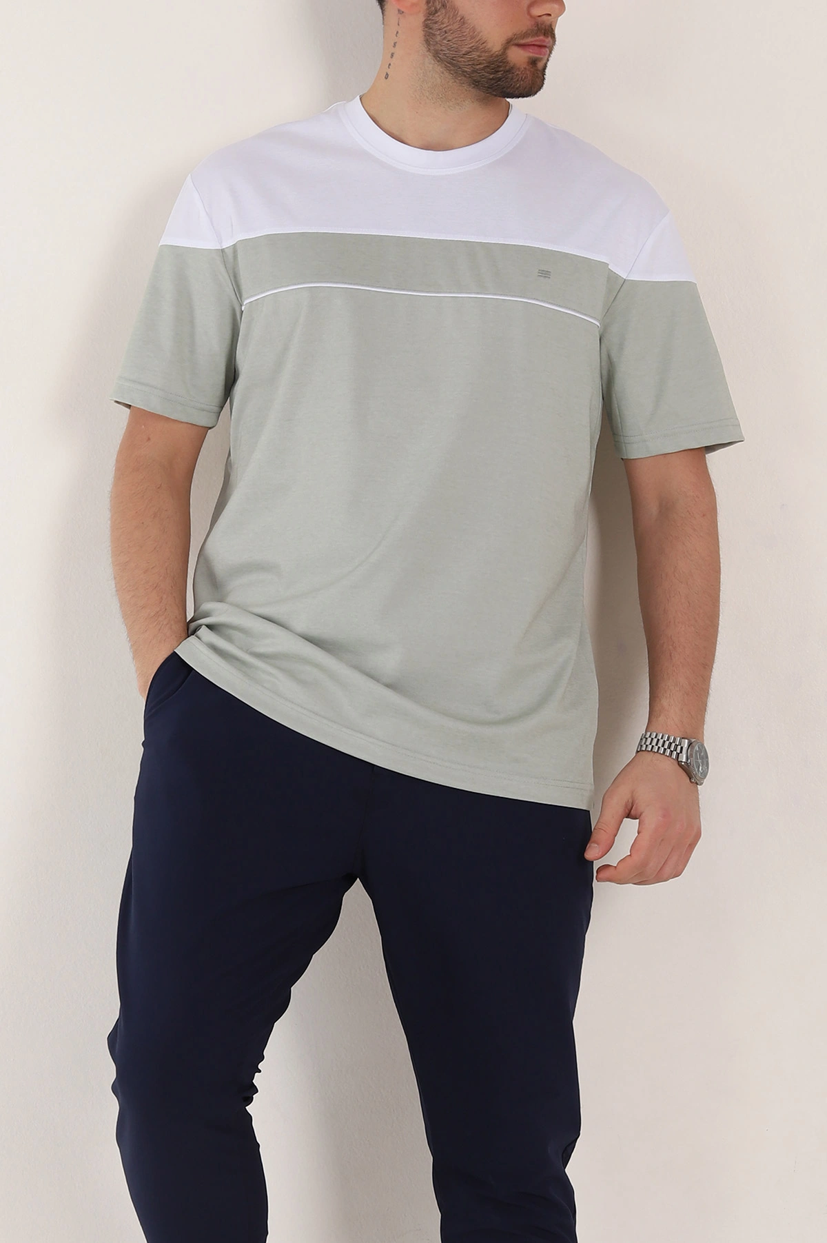 Su Yeşili Beyaz Çift Renk Regular Fit Jakarlı Erkek Tişört 346245