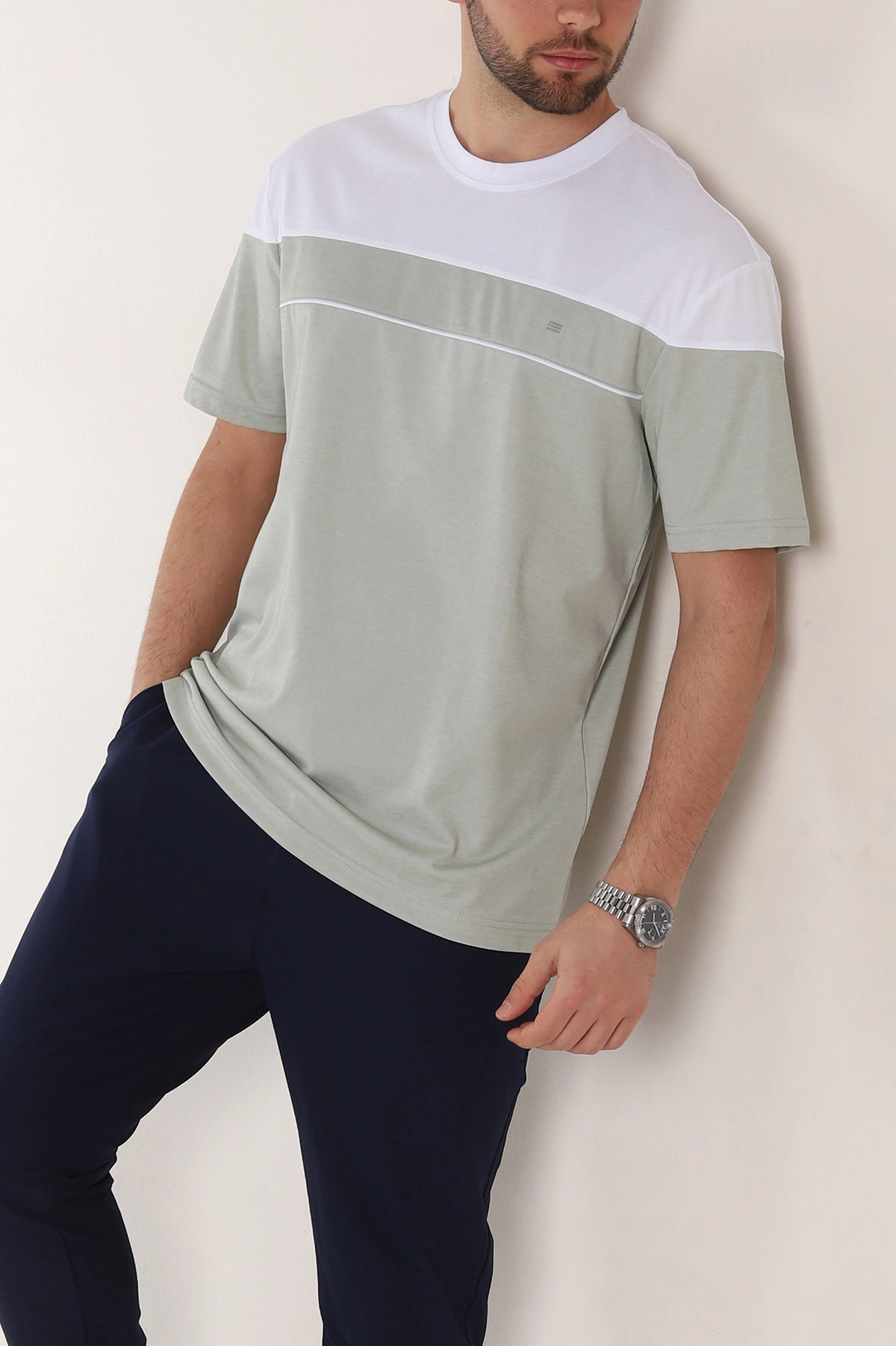 Su Yeşili Beyaz Çift Renk Regular Fit Jakarlı Erkek Tişört 346245