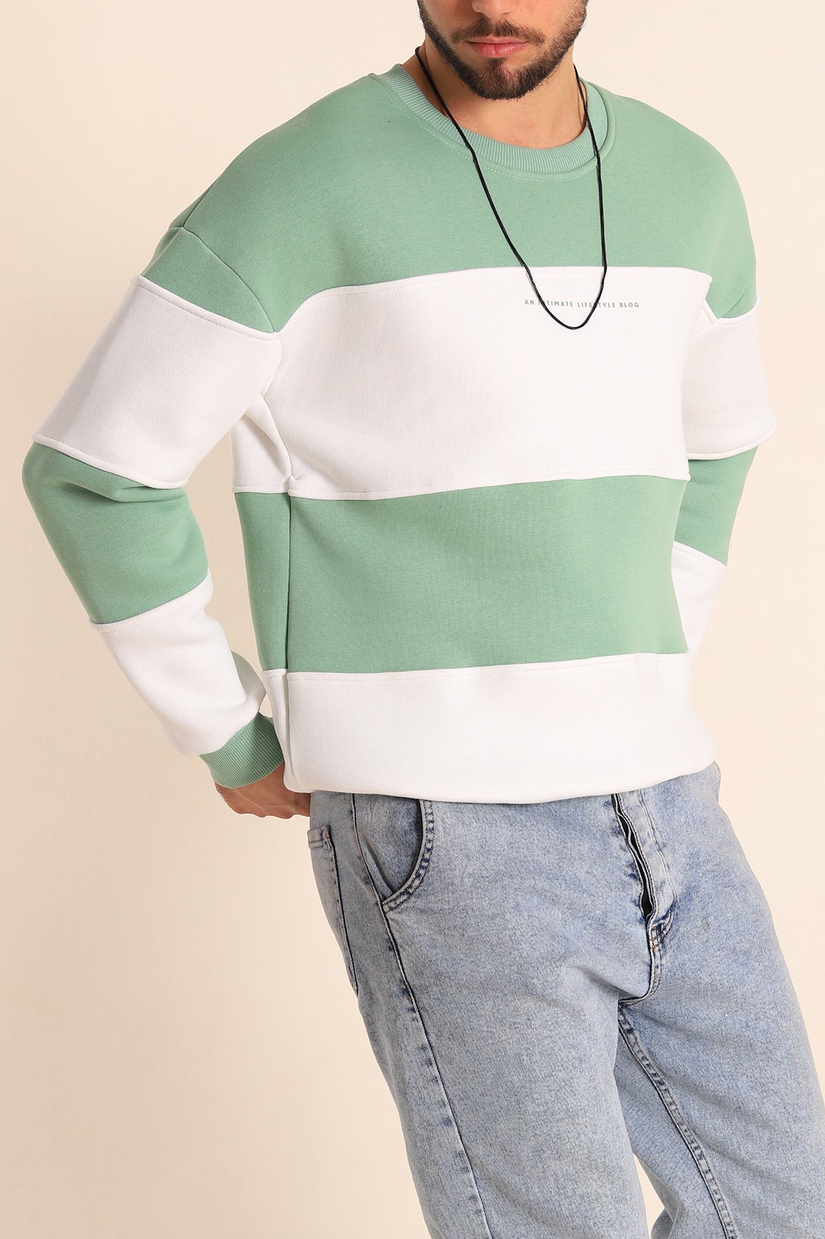 Su Yeşili Beyaz Oversize Üç İp Şardonlu Kabartma Yazılı Erkek Sweatshirt 222556
