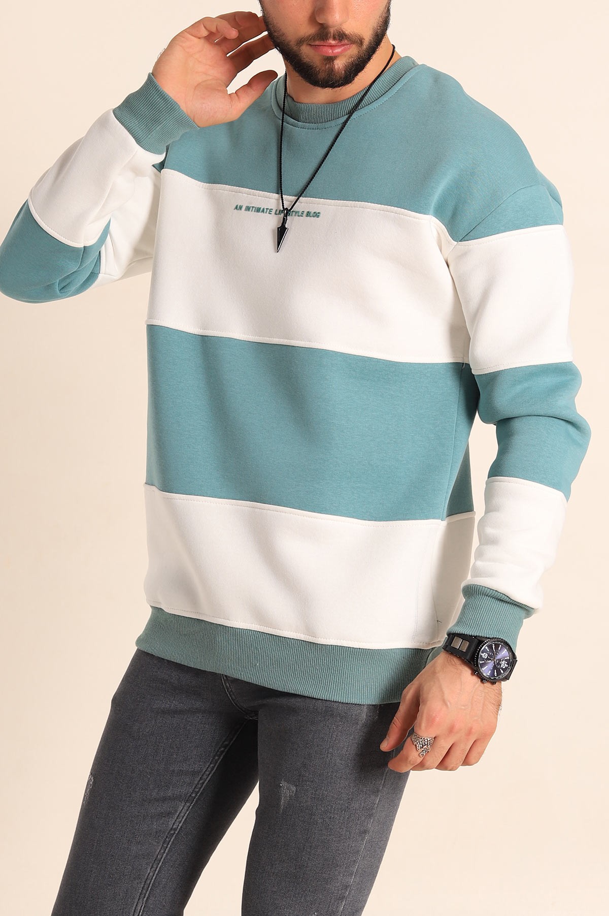 Su Yeşili Beyaz Oversize Üç İp Şardonlu Kabartma Yazılı Erkek Sweatshirt 225870
