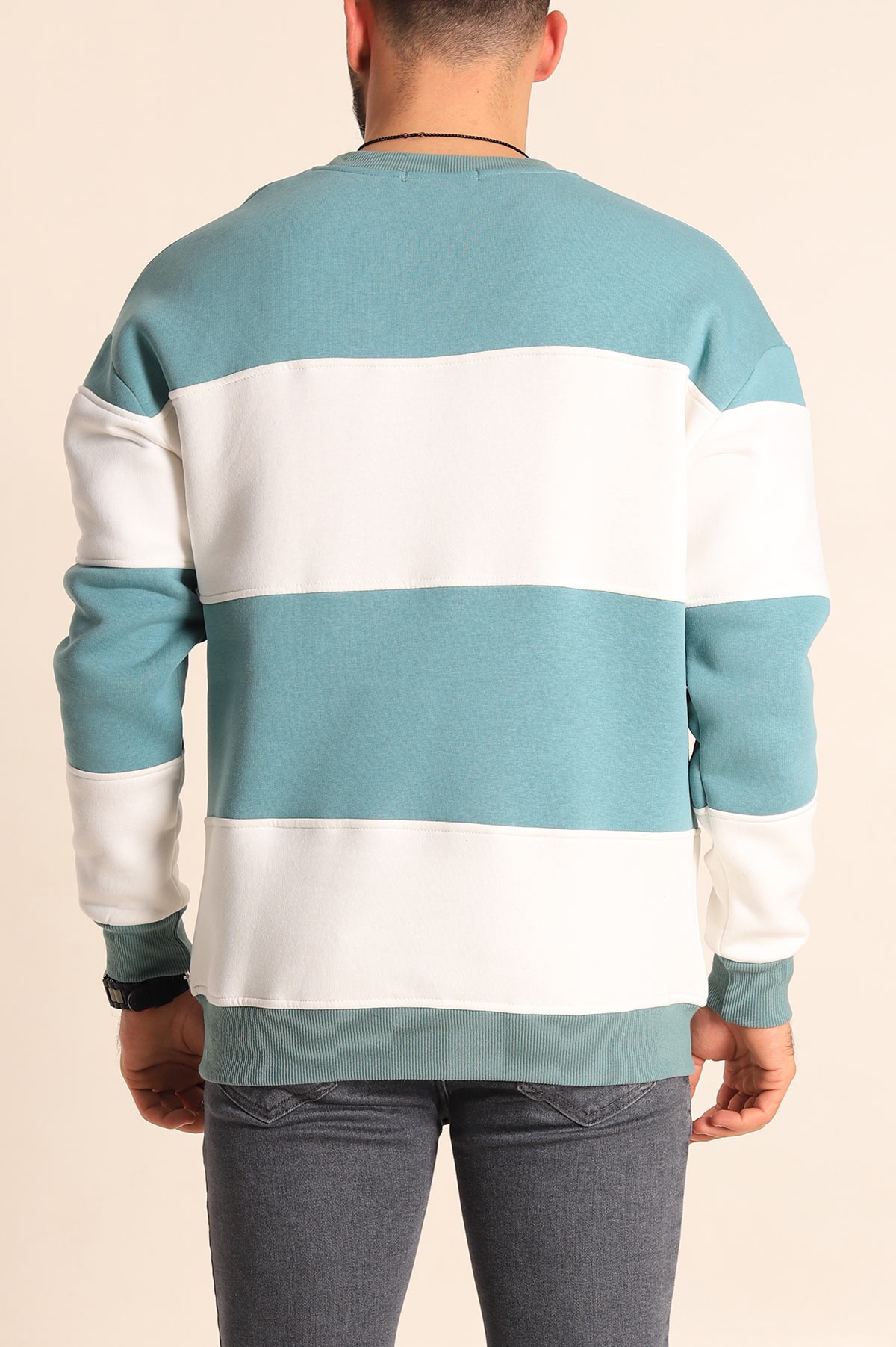 Su Yeşili Beyaz Oversize Üç İp Şardonlu Kabartma Yazılı Erkek Sweatshirt 225870