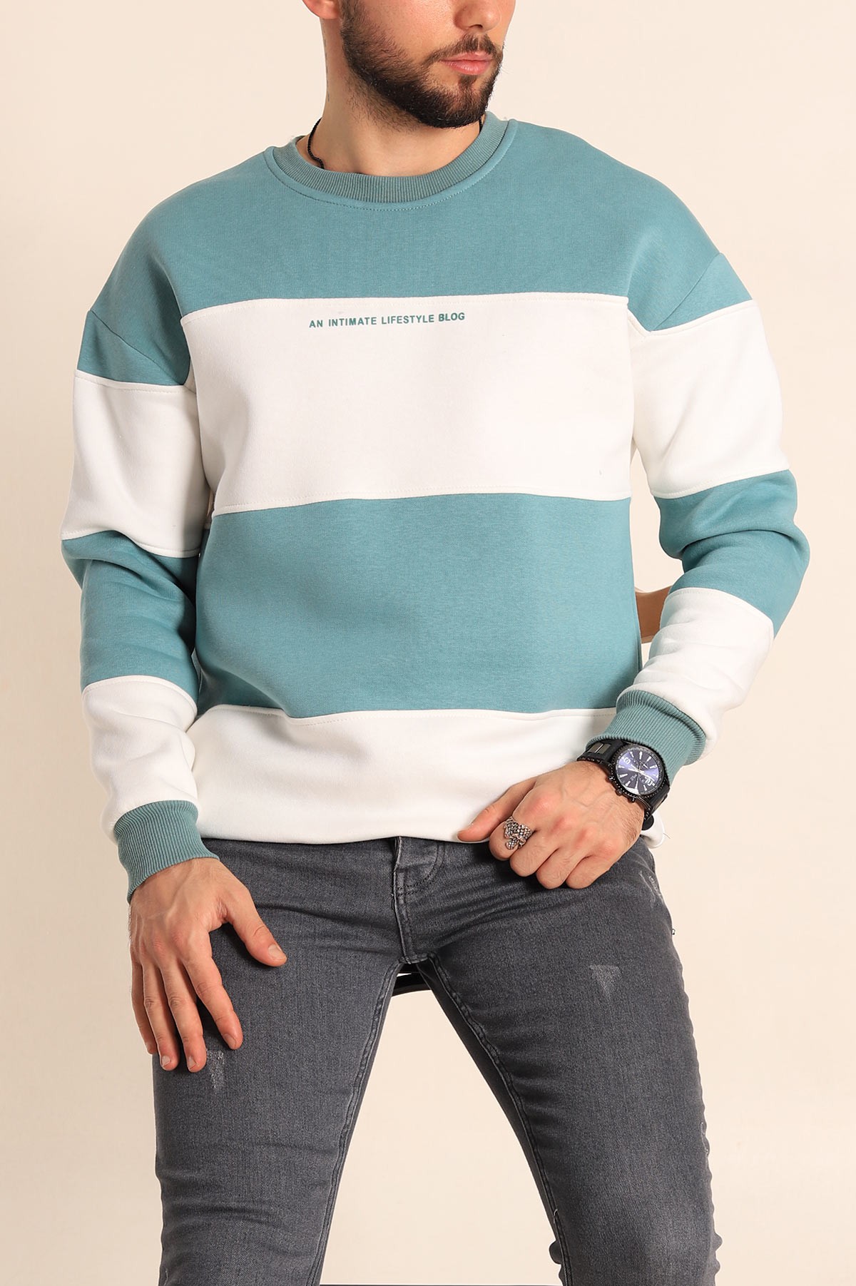 Su Yeşili Beyaz Oversize Üç İp Şardonlu Kabartma Yazılı Erkek Sweatshirt 225870