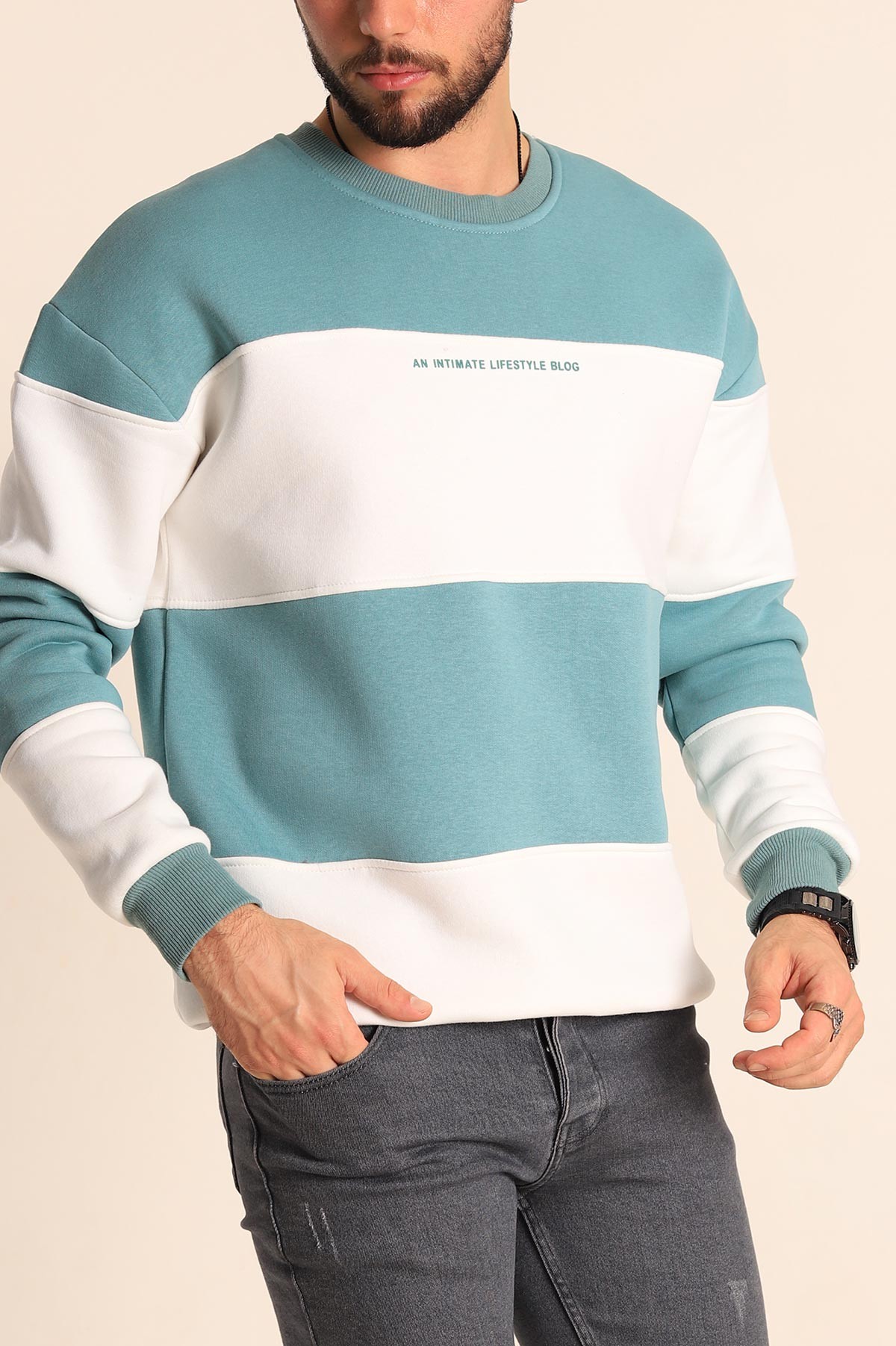 Su Yeşili Beyaz Oversize Üç İp Şardonlu Kabartma Yazılı Erkek Sweatshirt 225870