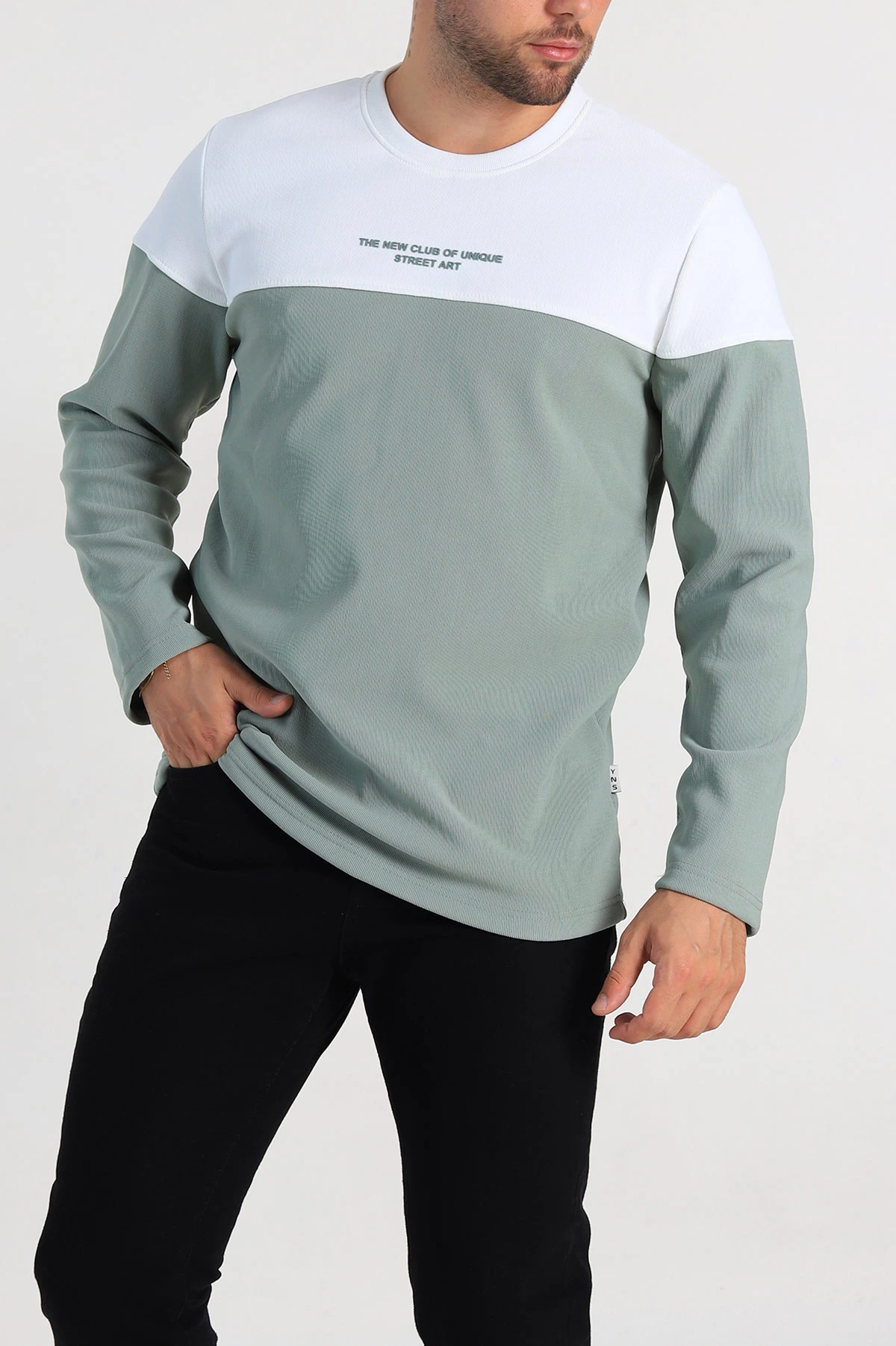Su Yeşili Beyaz Regular Fit Kabartma Baskılı Erkek Sweatshirt 305868