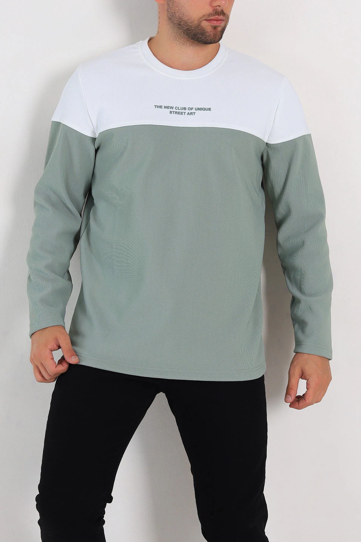 Su Yeşili Beyaz Regular Fit Kabartma Baskılı Erkek Sweatshirt 305868