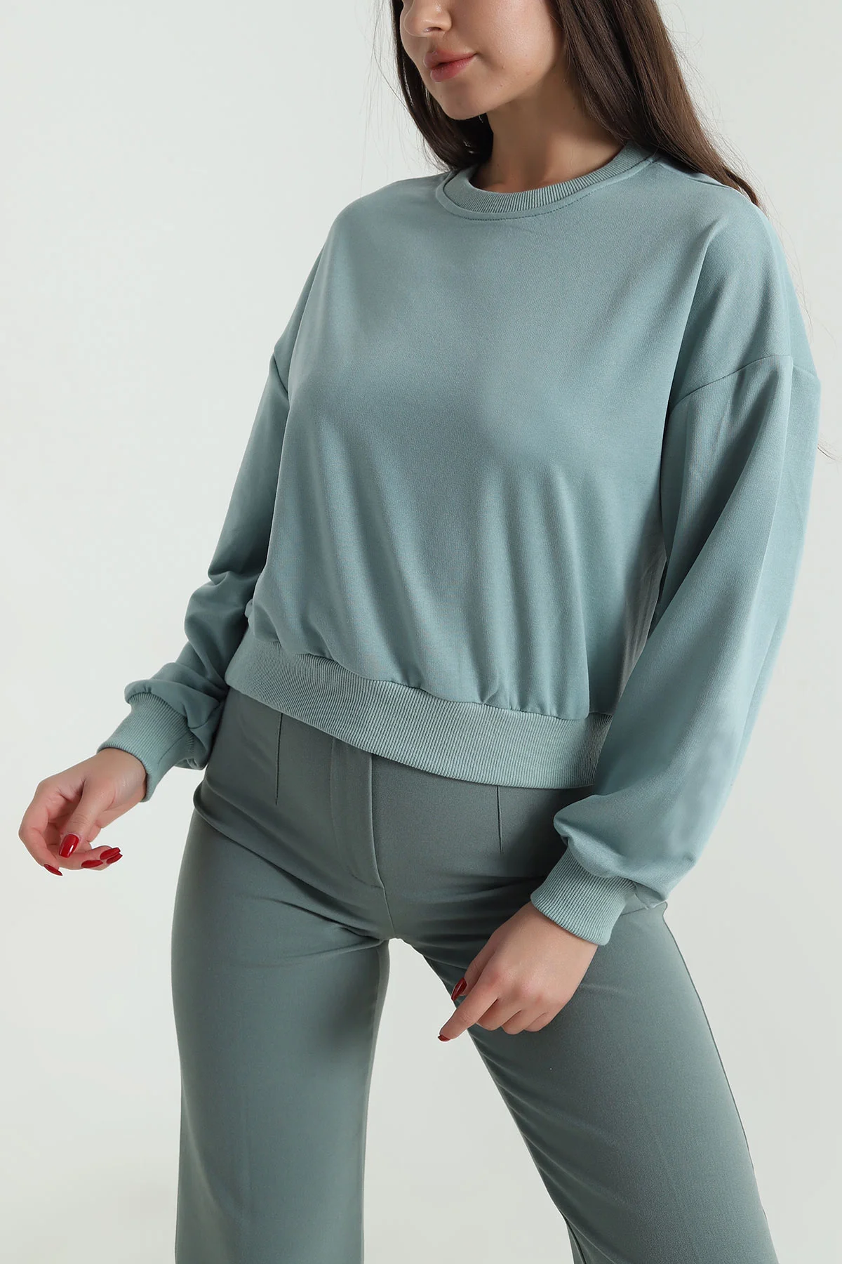 Su Yeşili Bisiklet Yaka İki İp Kadın Sweat 492983