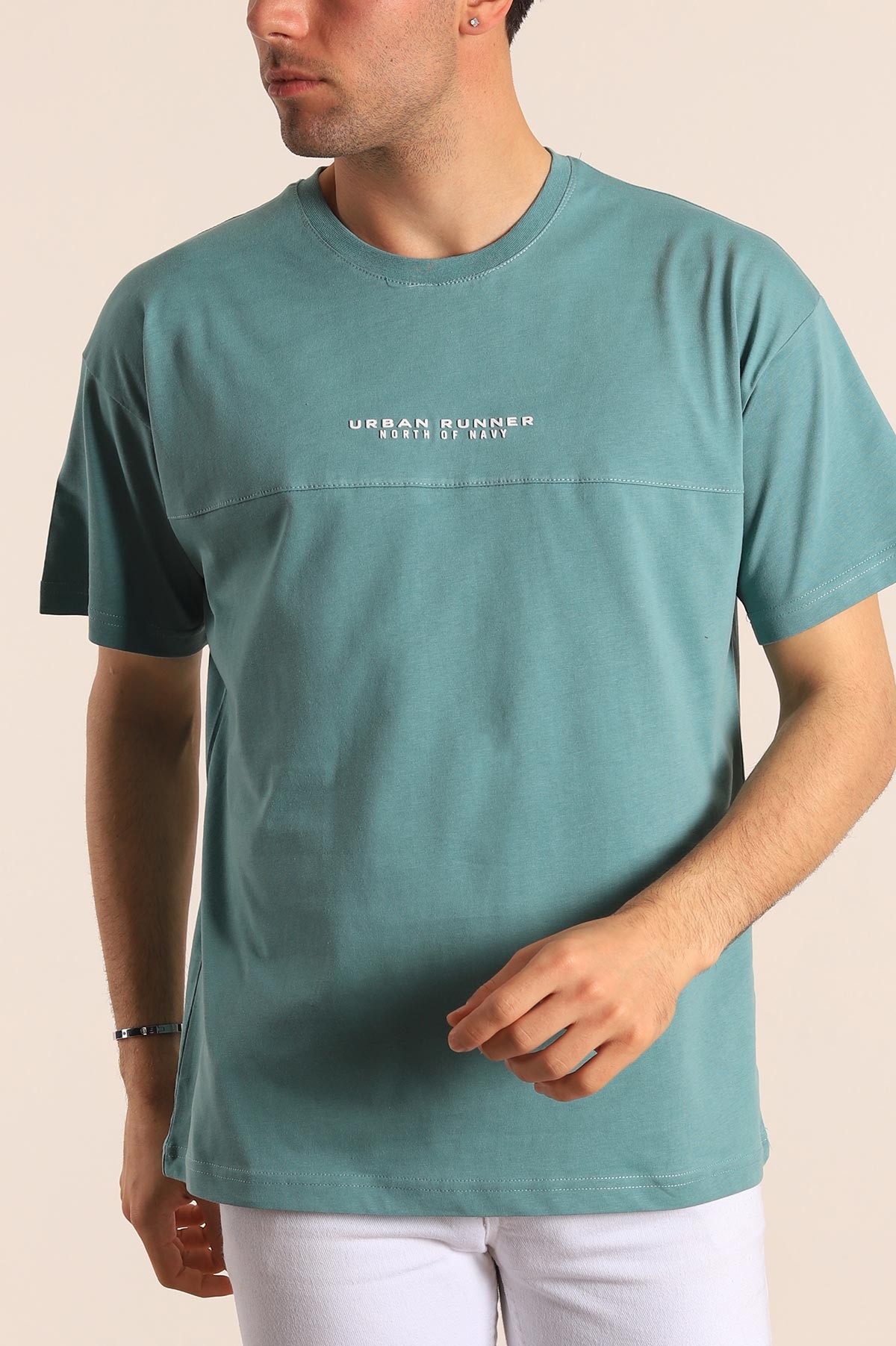 Su Yeşili Bisiklet Yaka Oversize Erkek Tişört 184254