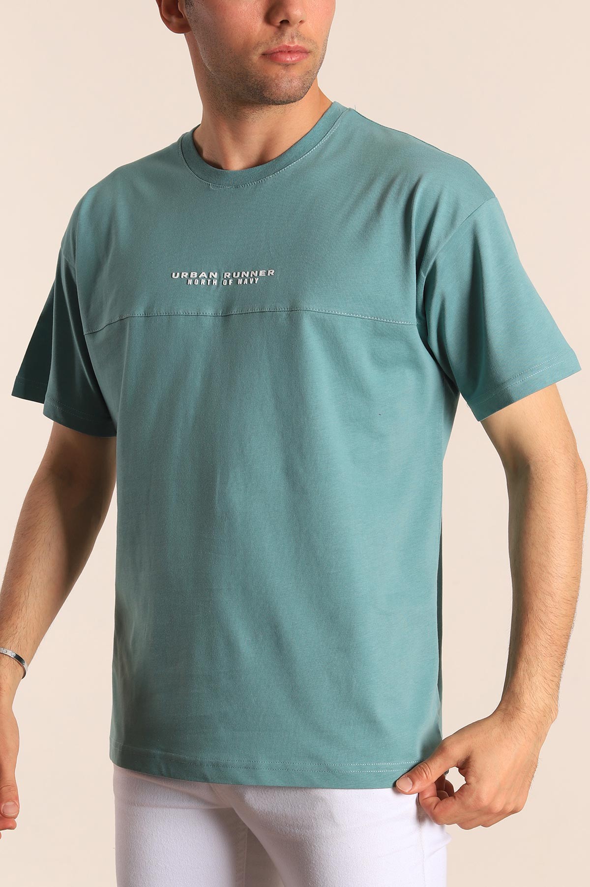 Su Yeşili Bisiklet Yaka Oversize Erkek Tişört 184254