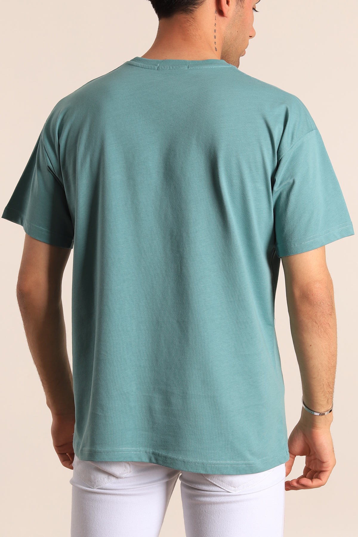 Su Yeşili Bisiklet Yaka Oversize Erkek Tişört 184254