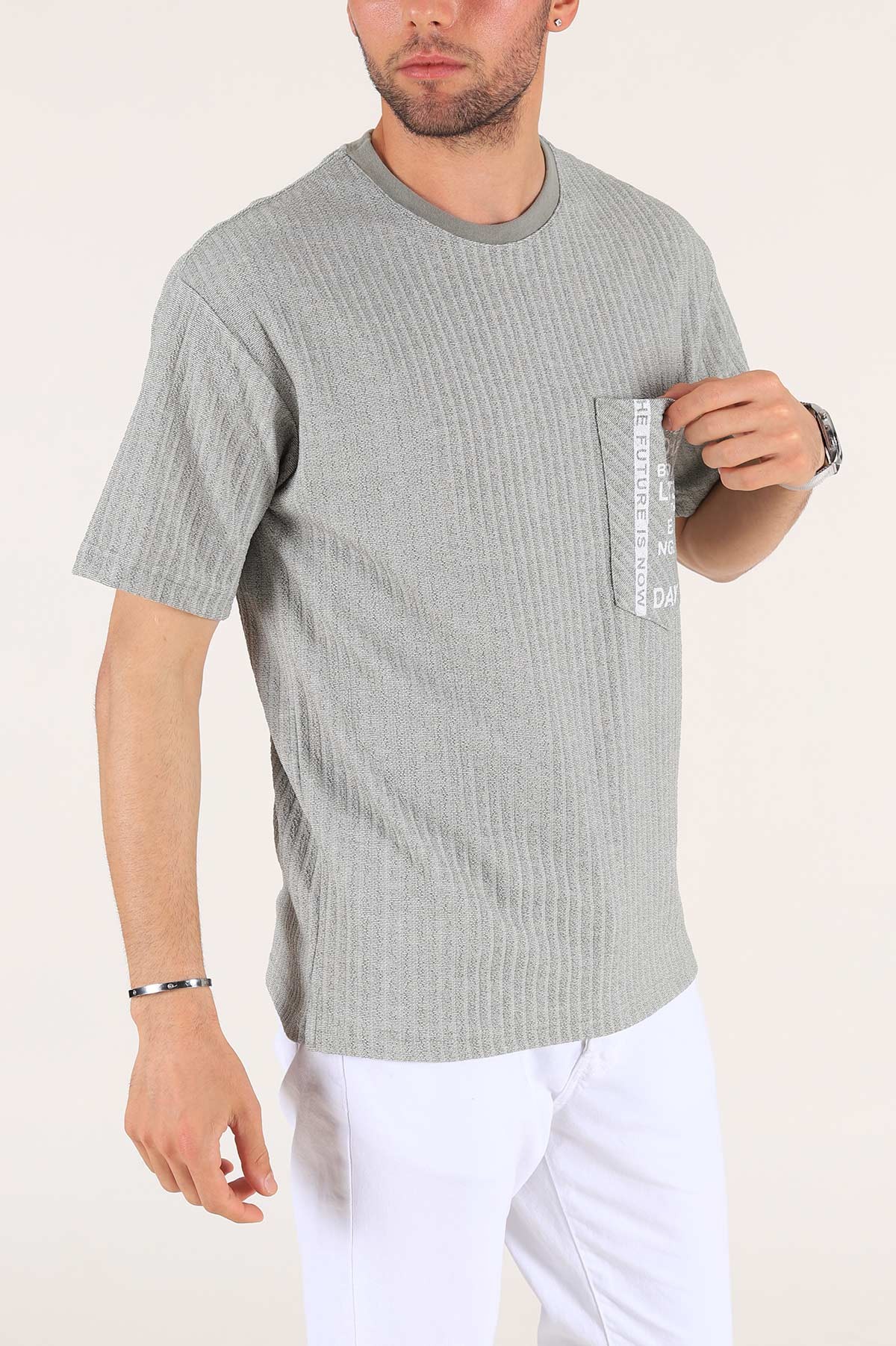 Su Yeşili Cep Baskılı Dokulu Oversize Erkek Tişört 177506
