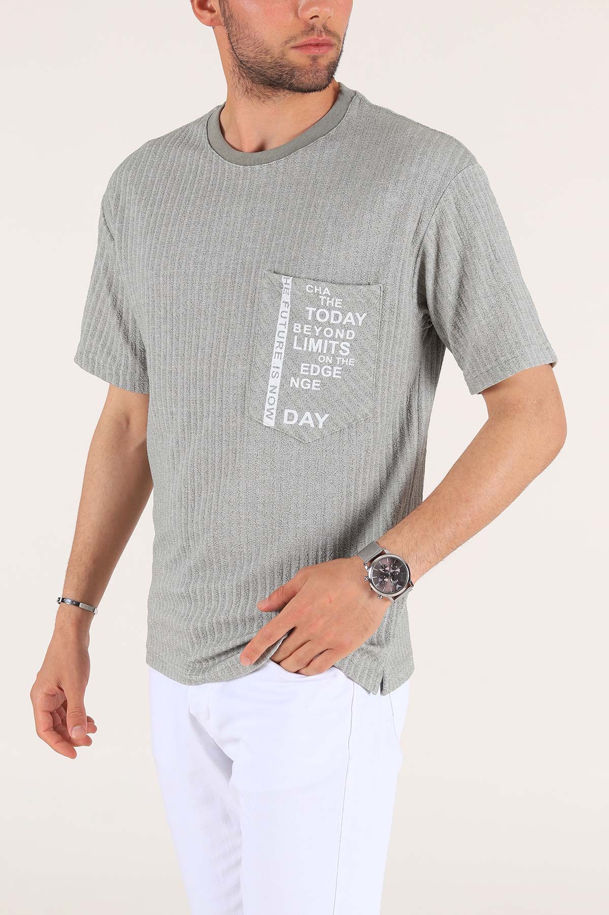 Su Yeşili Cep Baskılı Dokulu Oversize Erkek Tişört 177506
