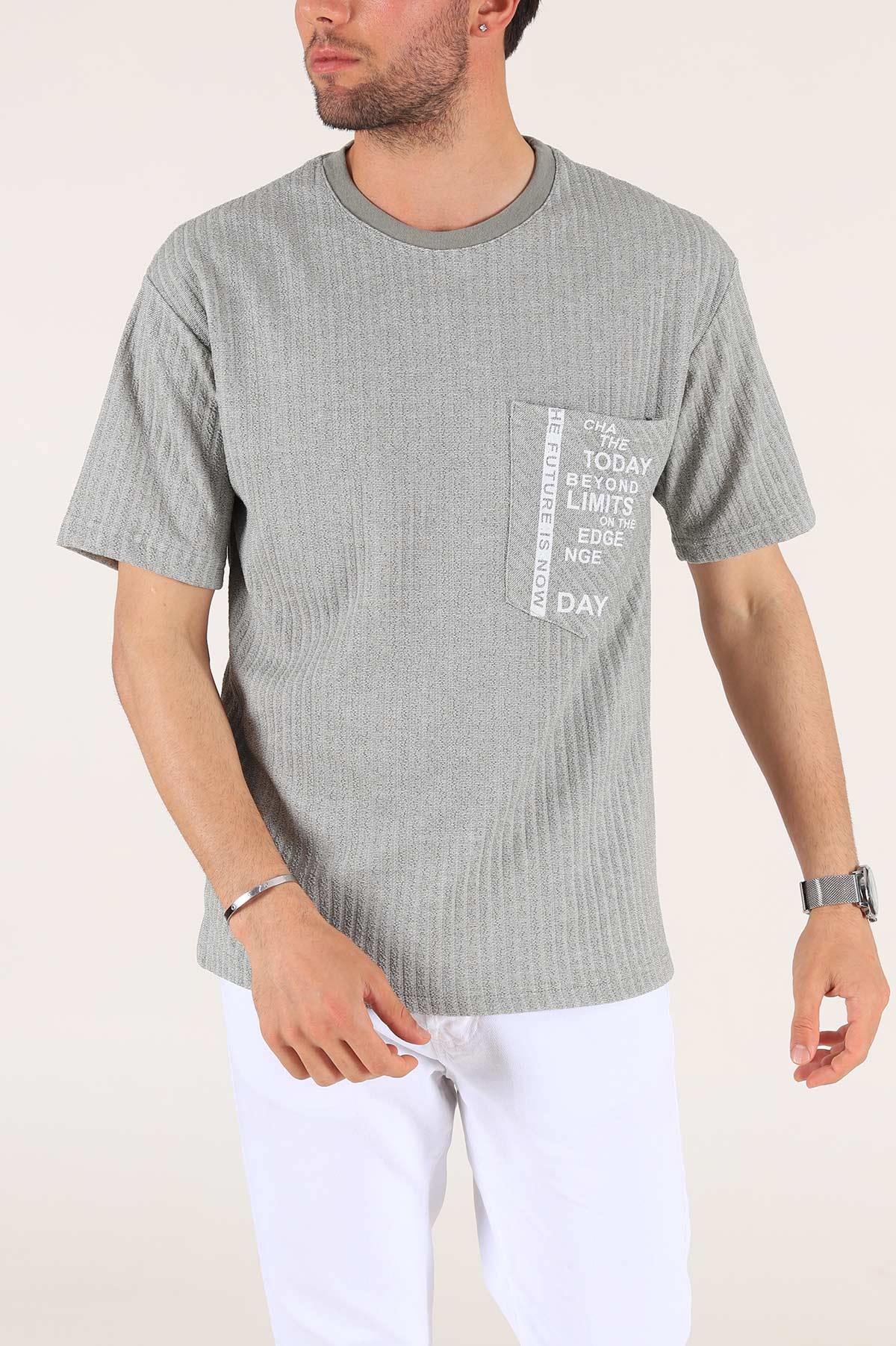 Su Yeşili Cep Baskılı Dokulu Oversize Erkek Tişört 177506