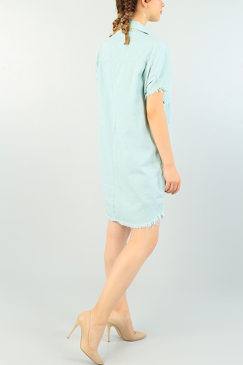 Su Yeşili Çıtçıtlı Yazlık Gabardin Elbise 72227