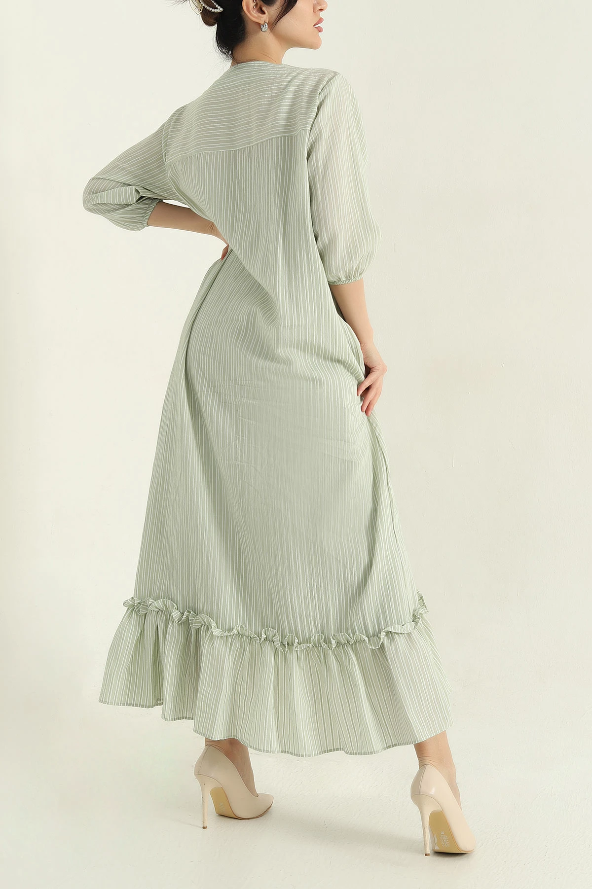 Su Yeşili Çizgili Oversize Dokuma Kadın Elbise 355264