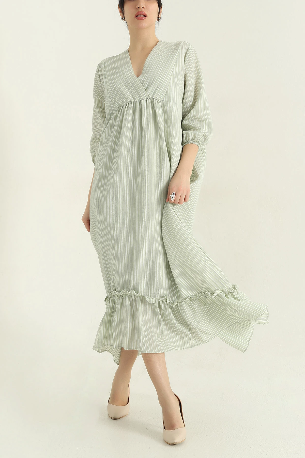 Su Yeşili Çizgili Oversize Dokuma Kadın Elbise 355264