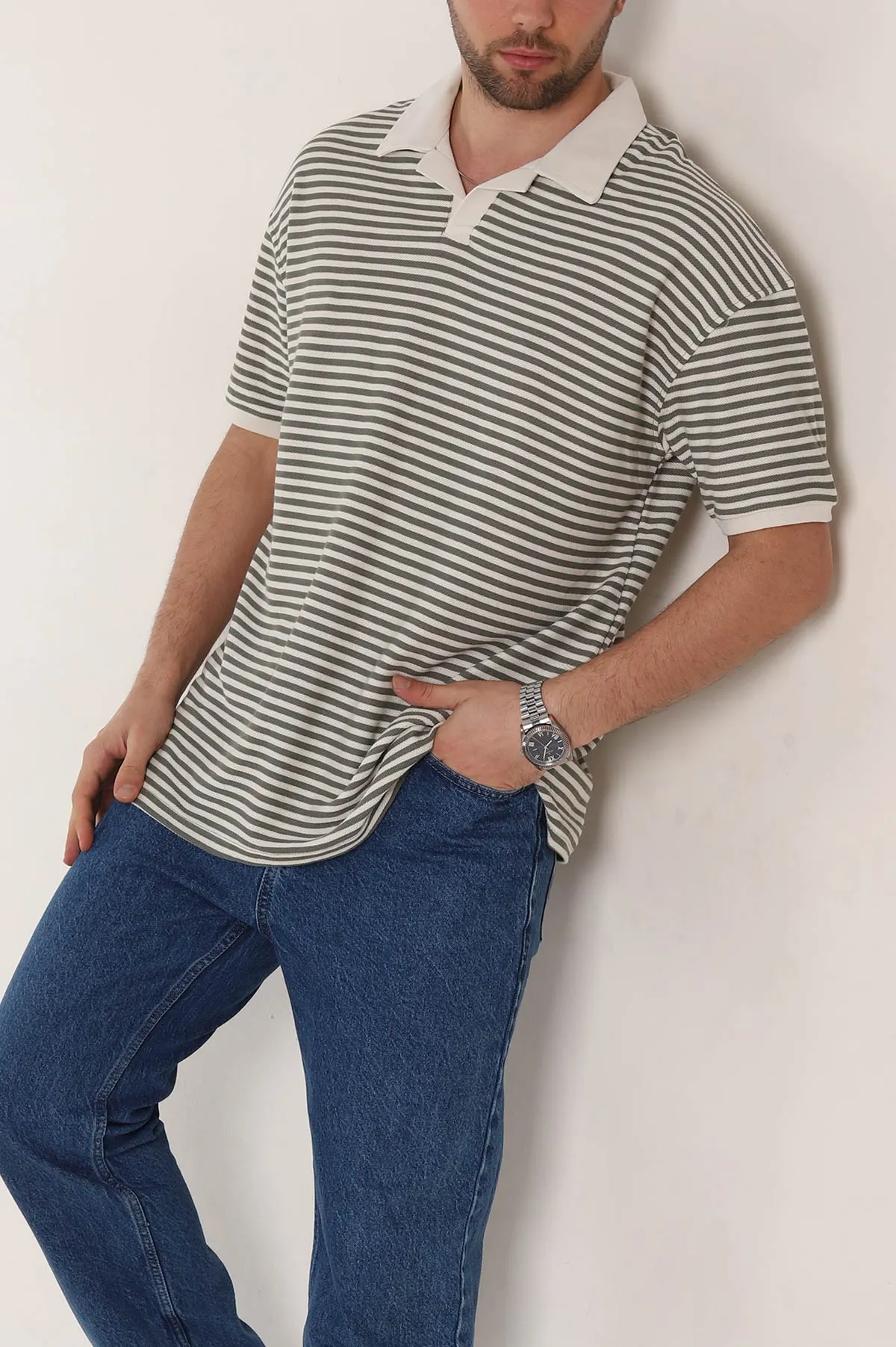 Su Yeşili Çizgili Oversize Örme Polo Yaka Erkek Tişört 349892